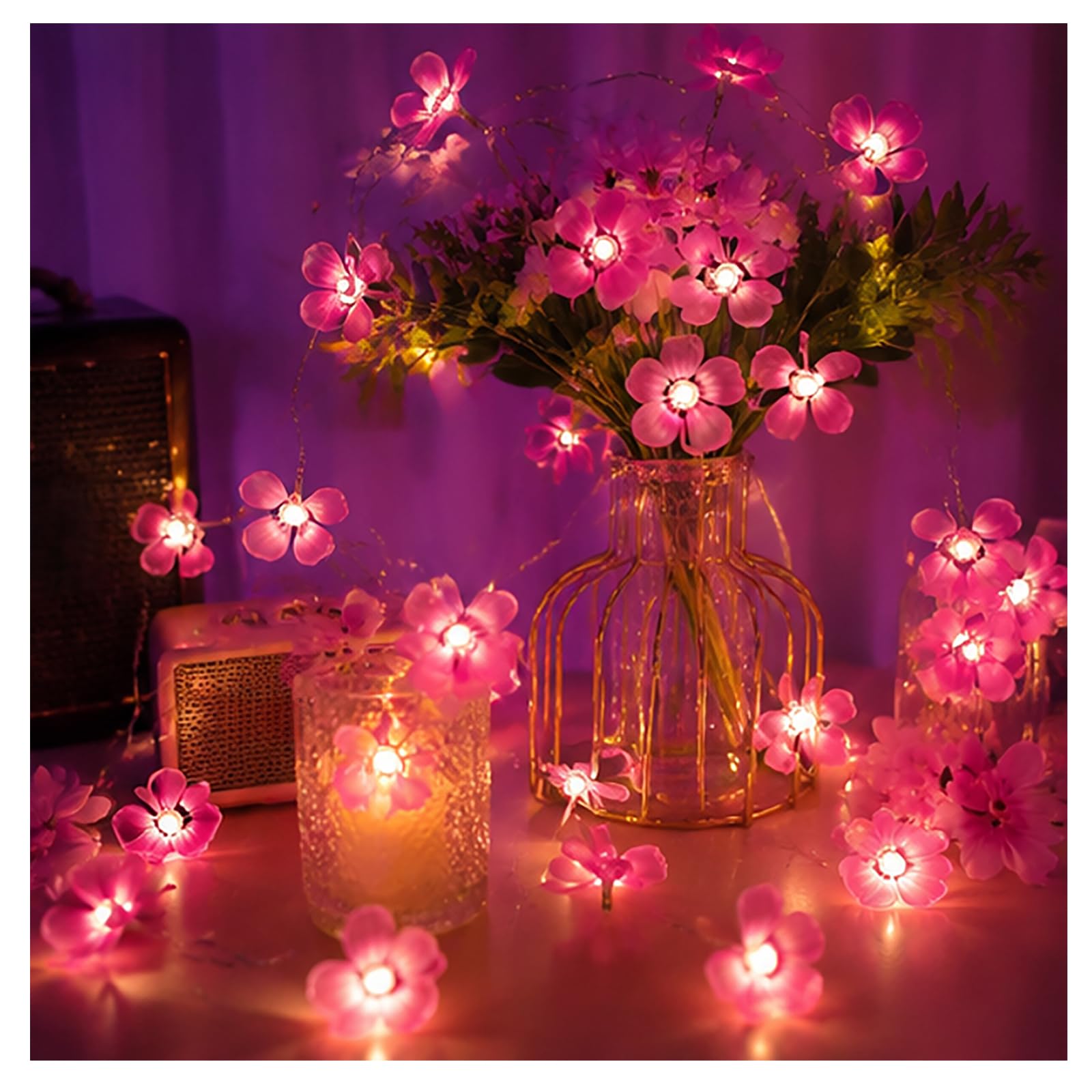 Pink Cherry Blossom Fairy Lights Battery Operated, 2 Metre 20 LED Indoor Flower String Lights, Battery Powered Floral Fairy Lights, Aesthetic Room Decor for Home Bedroom Accessories (C)