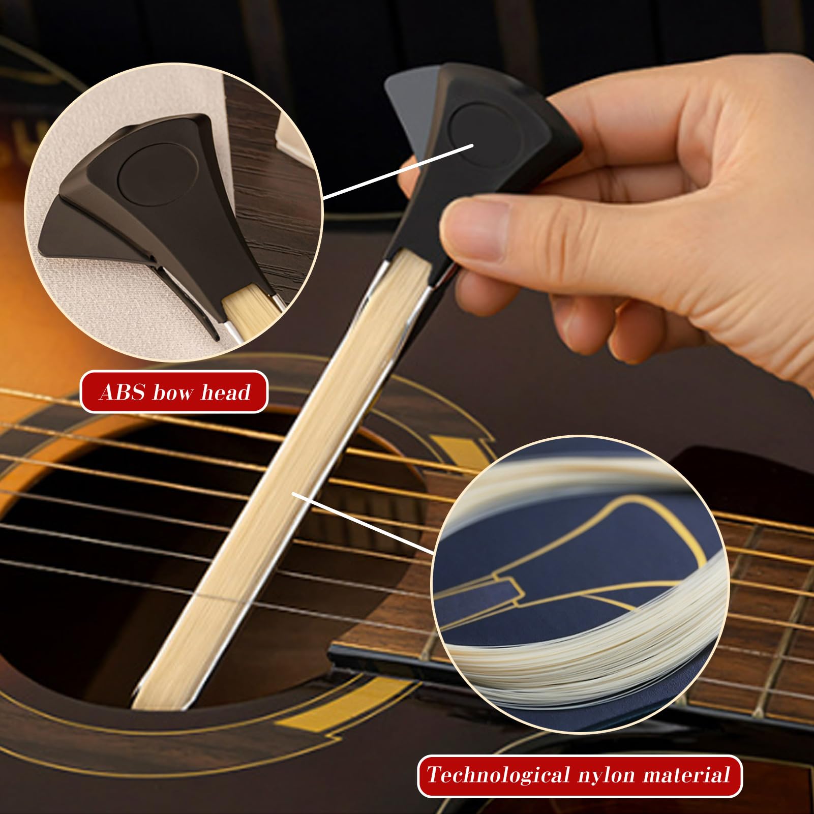 Amycute Bogen für Gitarre, Guitar Bow mit Kolophonium, Doppelseitiger Gitarrenbogen mit Integriertem Plektrum, Mehrzweck-Zupfsaiten-Werkzeug, Geschenk für Gitarrenliebhaber.