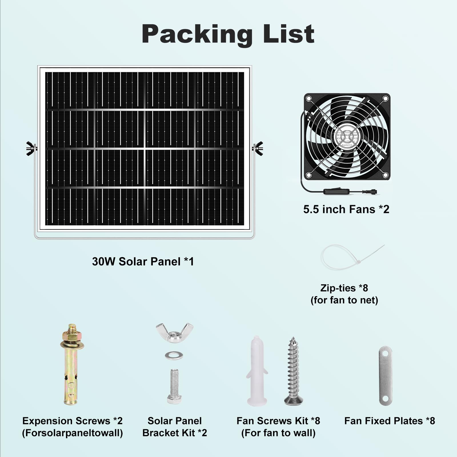 Kit di 2 ventilatori solari per serra da 14,9 cm, 30 W, scarico e aspirazione ad energia solare, forte flusso d'aria e impermeabile, cavo da 5 m, per capannone esterno, circolazione dell'aria e