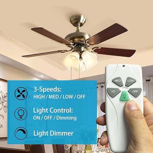 Miniatura 2 de YukiHalu Kit universal de control remoto para ventilador de techo, 3 velocidades de ventilador y atenuador de luz, certificación UL, para Hunter