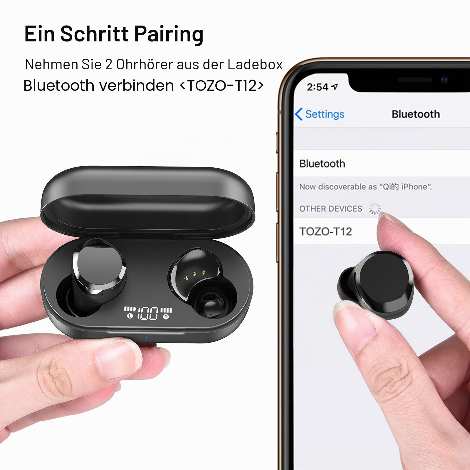 TOZO T12 Kabellose Ohrhörer Bluetooth Kopfhörer mit Premium-Klangqualität, LED-Digitalanzeige und IPX8 Wasserdichten Kopfhörer Kabellos, Integriertem Mikrofon in Schwarz
