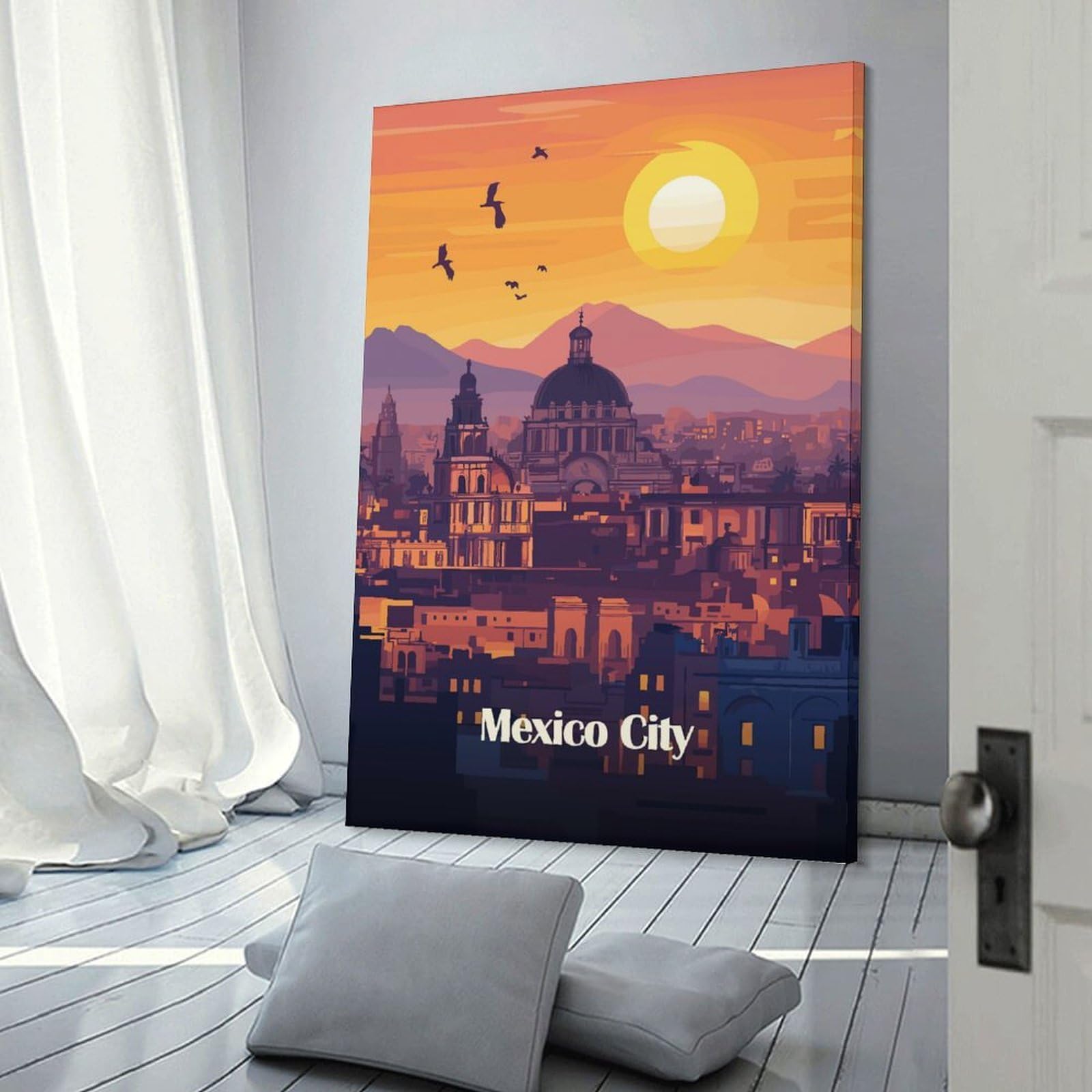 Junmoney Mexico City Skyline Sunset Home Decor Wall Art, 24x36inch(60x90cm), for Lounge, Bedroom Or Personal Spaces, Thoughtful Wall Decor for Art Lovers