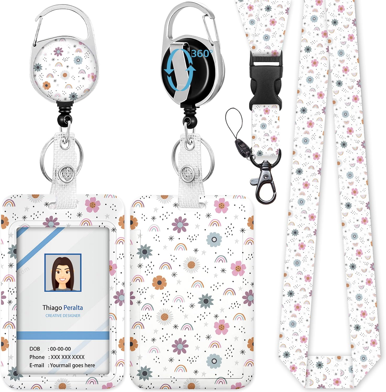 ID Badge Holder with Lanyard, Cute Flower Badge Holders Reels with Detachable Lanyards, Rainbow Work Card Retractable Keychain Vertical ID Card for