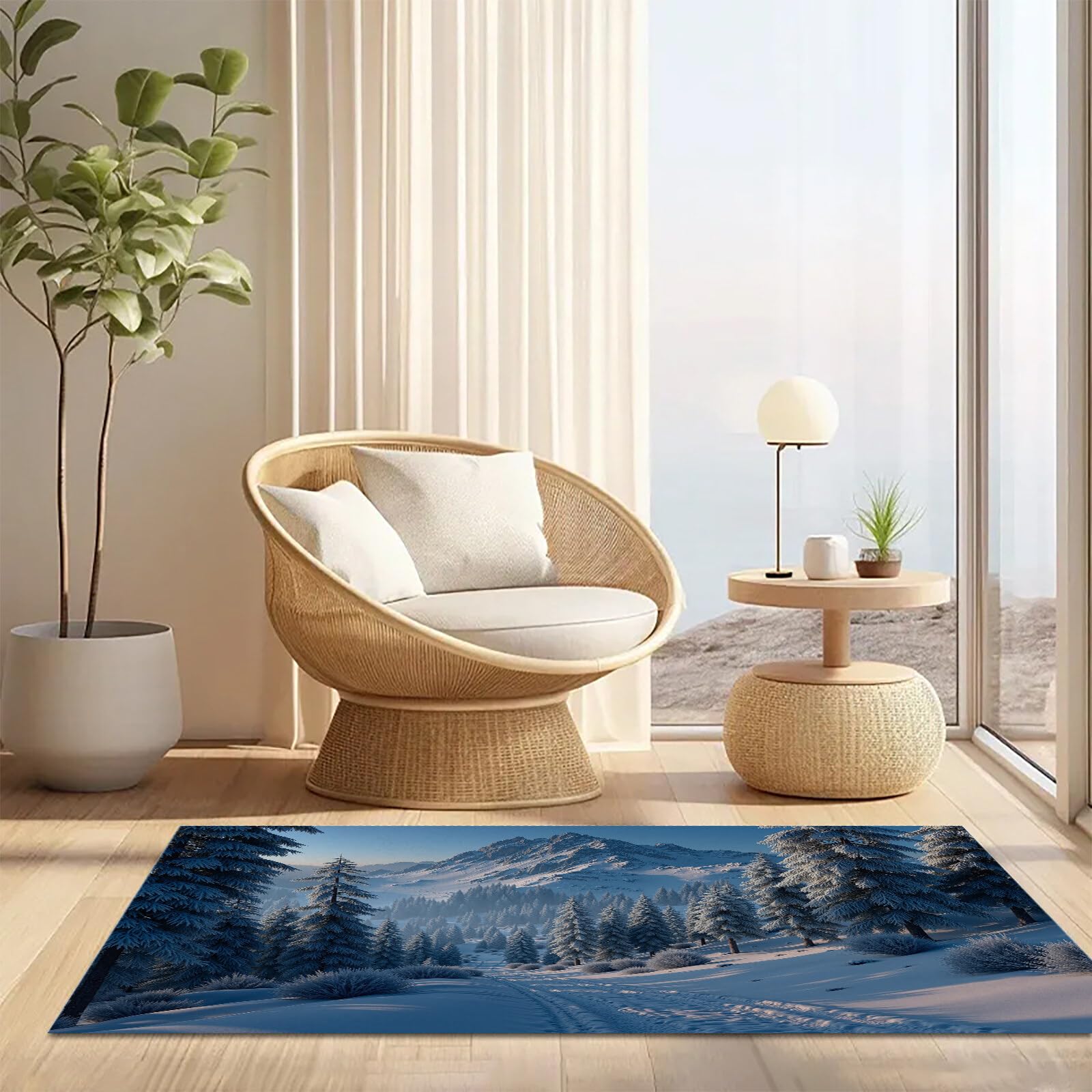 Tapete Azul Blanco Pinos En La Nieve Puerta Felpudo De Entrada Exterior Atrapar Suciedad Alfombra Paisaje Invernal para Interior Jardines Cocina Pasillo Trasera Delantera, 80X120Cm