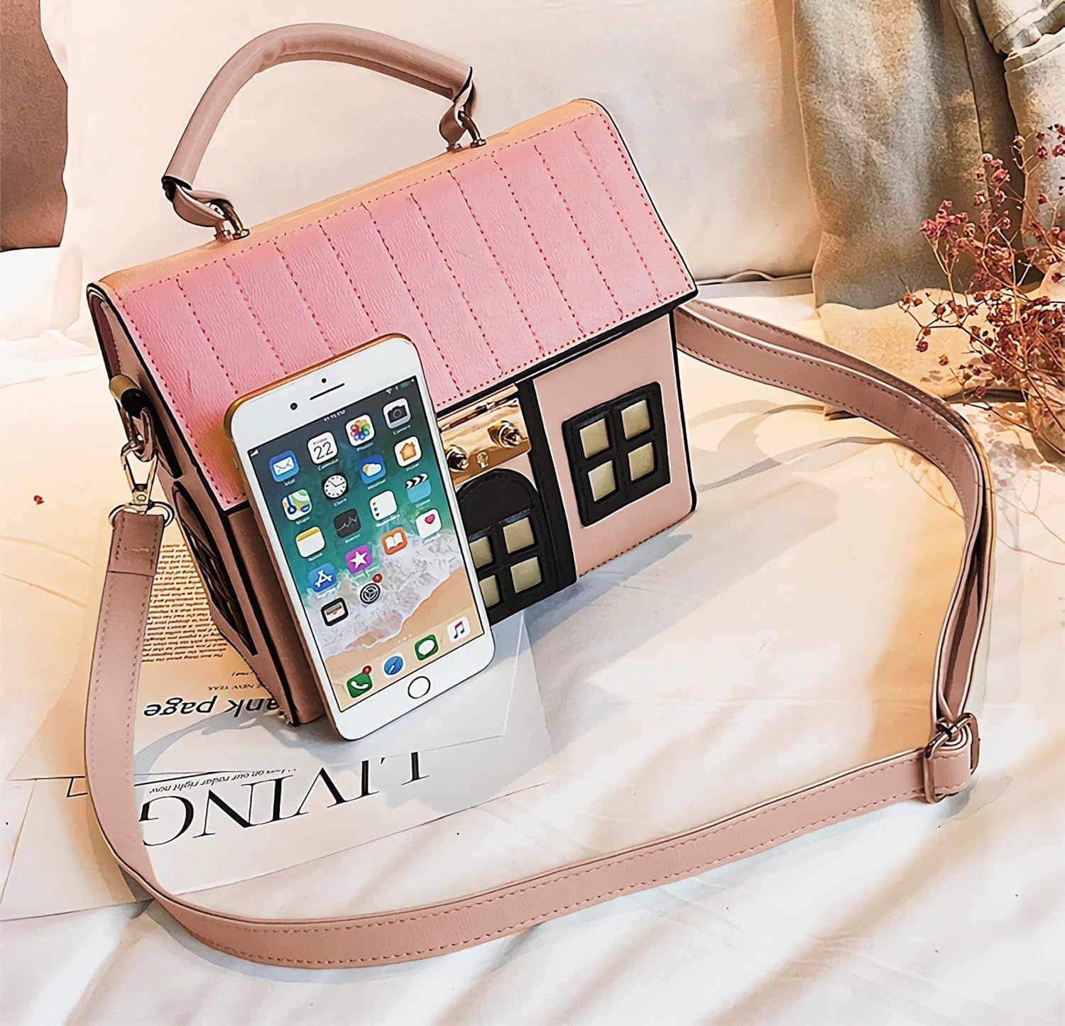 Pink House Shaped Faux Leather Crossbody Shoulder Bag