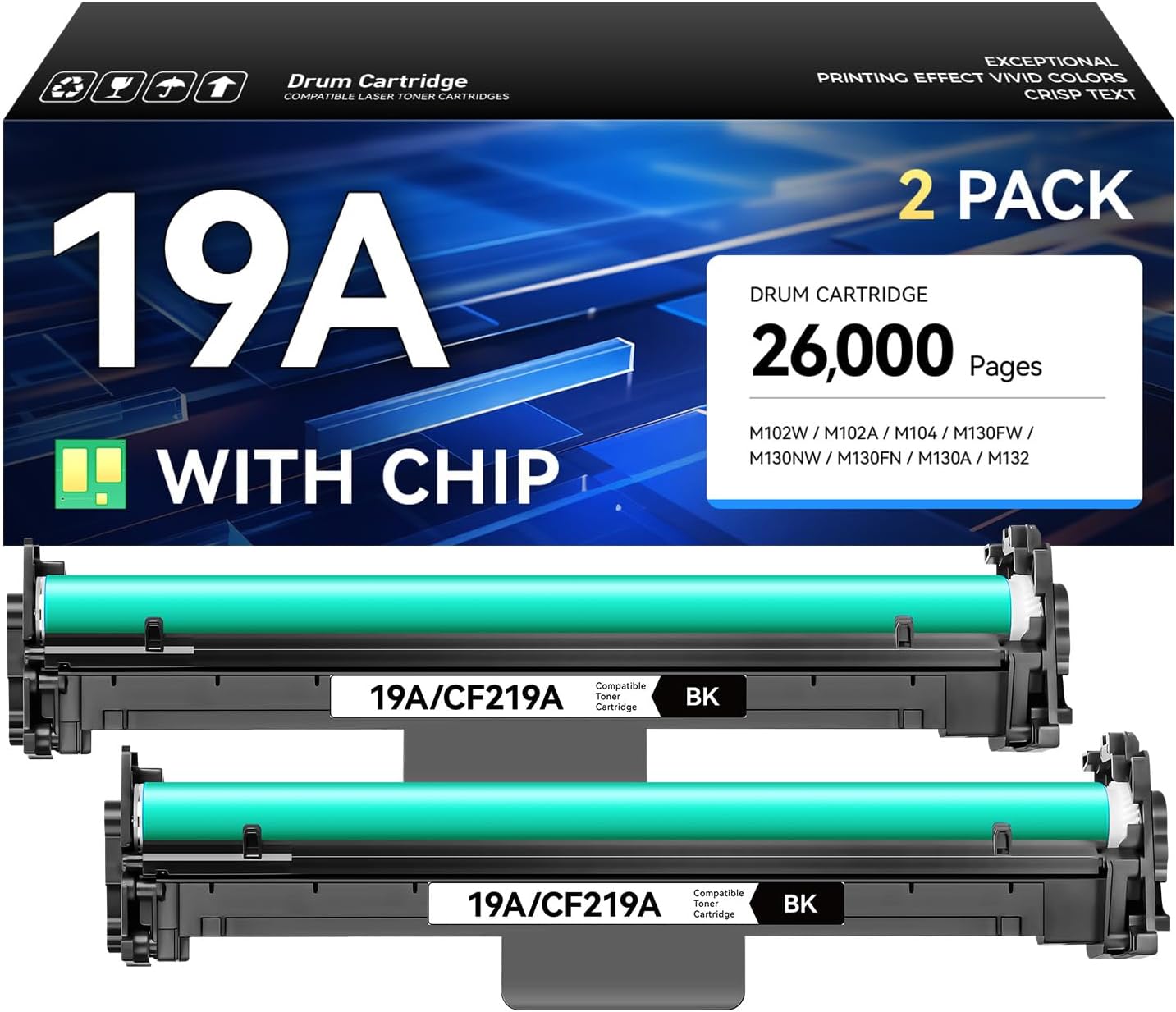 19A CF219A Drum Unit (Not Toner) 2-Pack Black High Yield Replacement for HP 19A CF219A Imaging Drum Compatible with HP LaserJet Pro MFP M130a M130fn M130fw M130nw M102a M102w Printer M130 M102 Copier