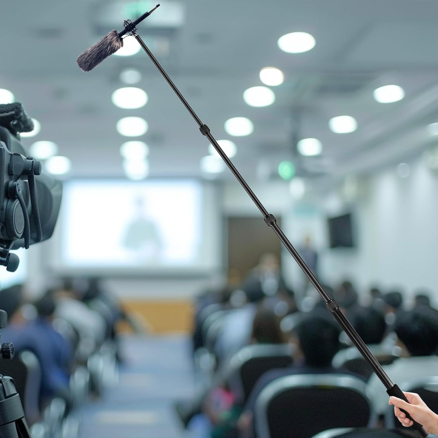 Portable Handheld Boom Pole, 4 Section Stretchable Handheld Aluminum Alloy Microphone Boom Arm with 1/4" 3/8" Interface/4Pcs Sticker Strap for Interview/TV Applications/Video Production (45-154cm)