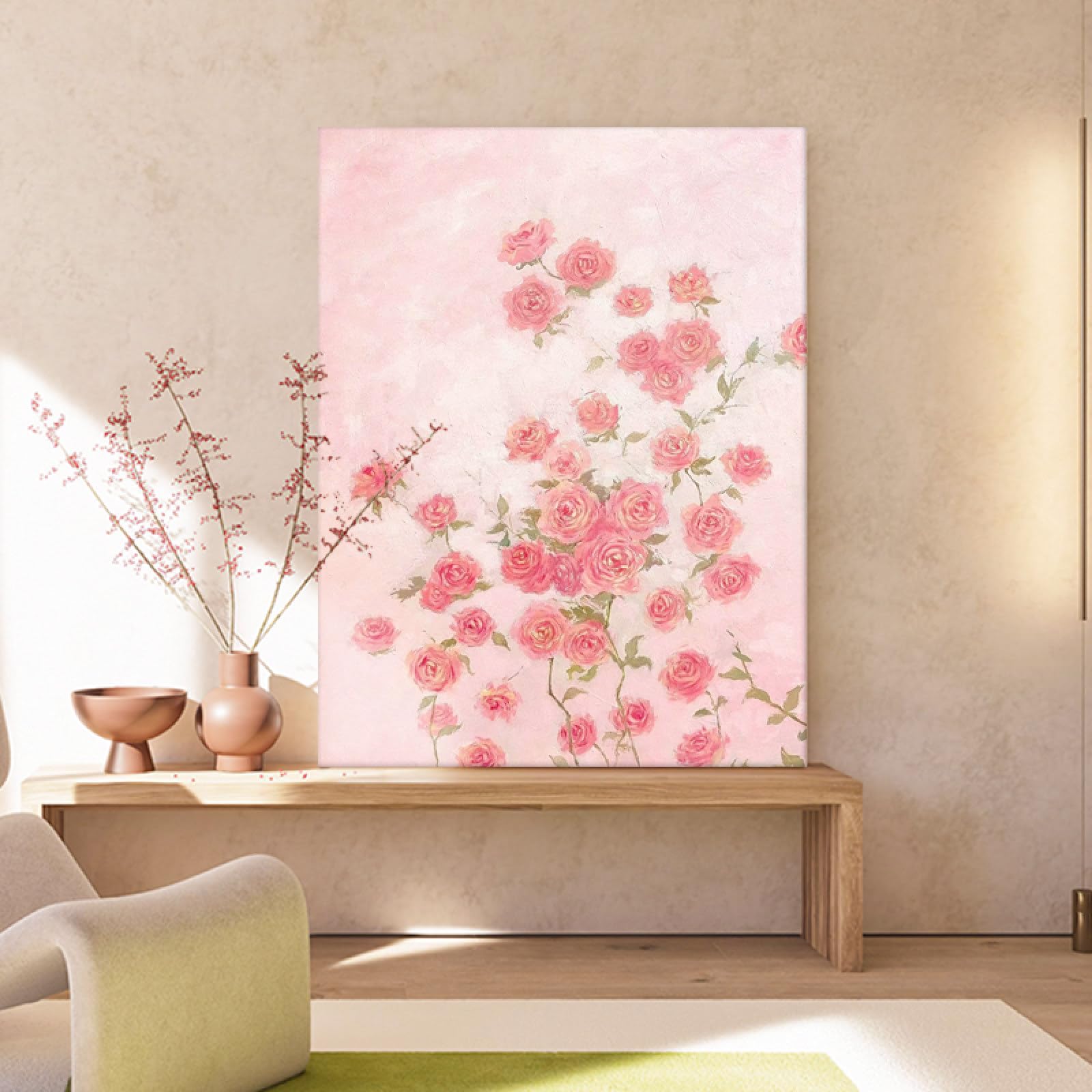Peinture à l'huile sur toile de roses roses peinte main pour habiller un grand mur