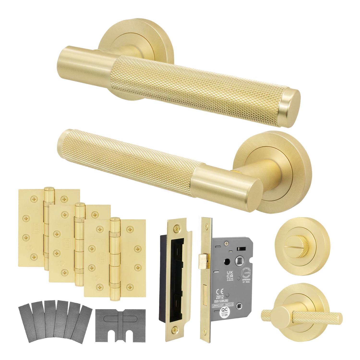 EAI Brass Fire Door Handle Bathroom Set, Satin Brass Internal Fire Rated Door Handle with 80mm Bathroom Lock and 102mm Hinges, Varri Range 1 Pack