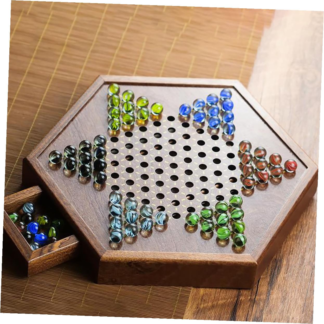BESTonZON Gioco Cinese in Legno Naturale con Biglie di Vetro Colorate Scacchiera Esagonale con Cassetto per Adulti Gioco Strategico da Tavolo per Famiglie