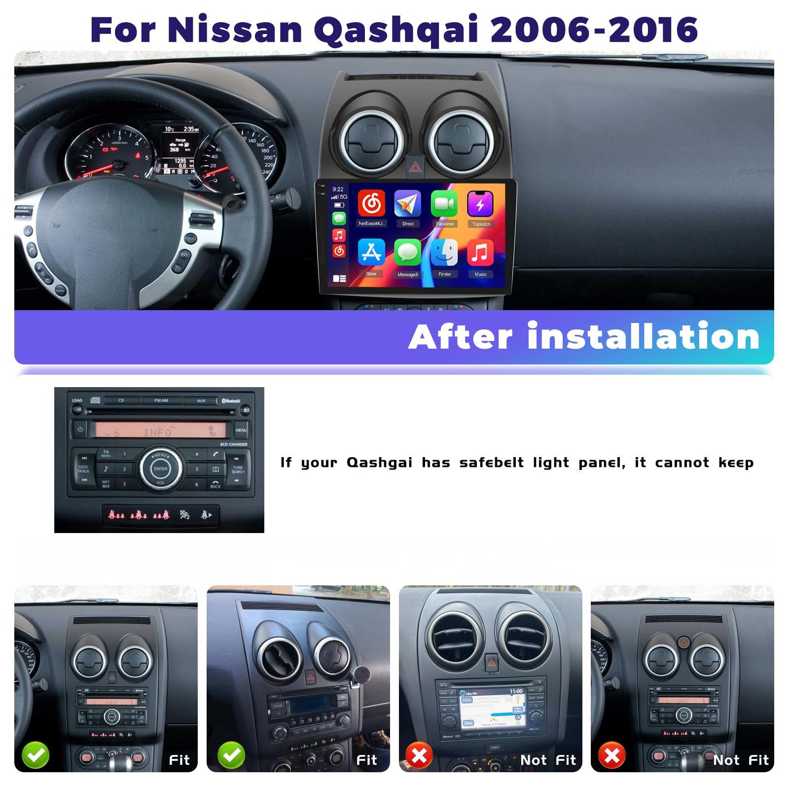 8 Core 4G+64G Hikity Android 15 Autoradio für Nissan Qashqai J10 2006-2016 mit Carplay Android Auto Navi,Autoradio mit 9 Zoll Bildschirm,Bluetooth FM/RDS Mirror Link DSP