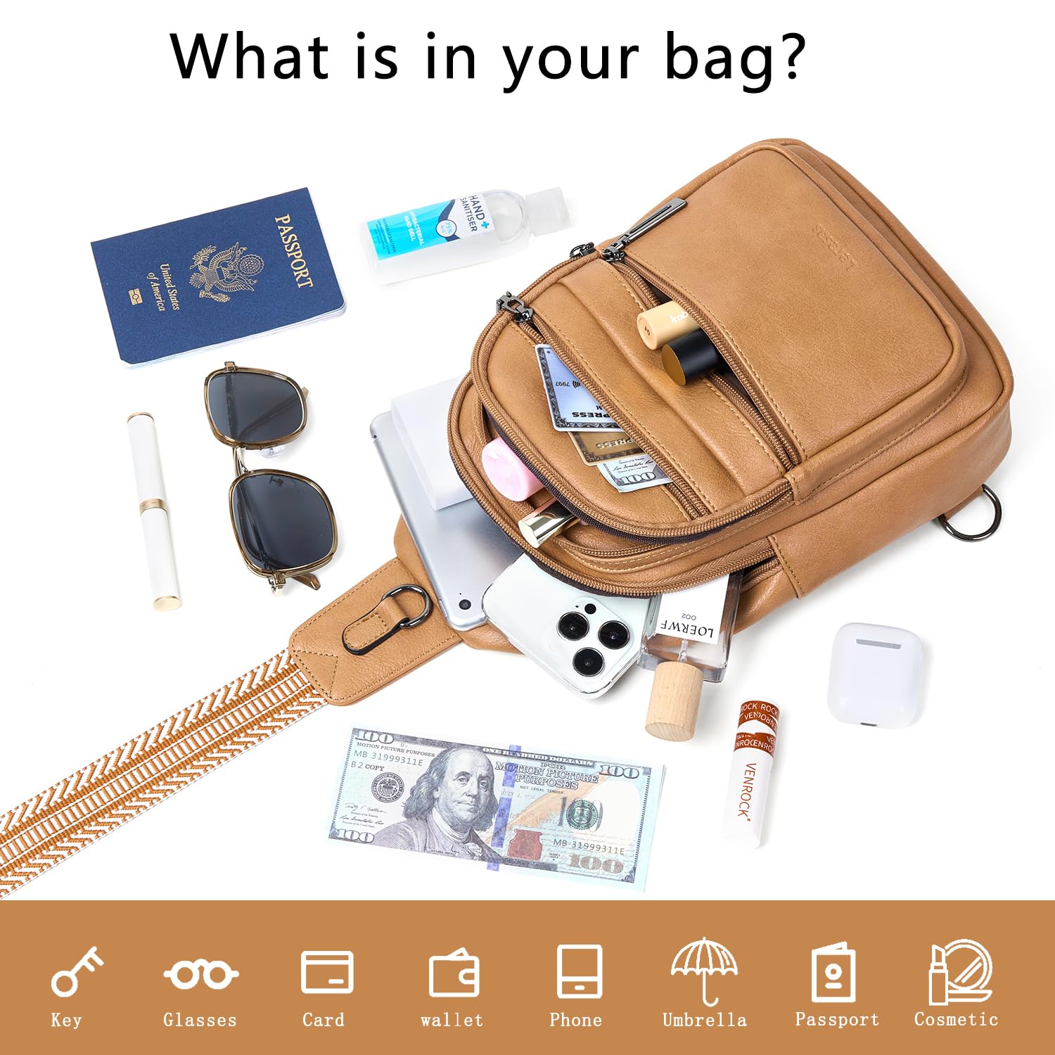 Leresas Bolsa bandolera de 7 L para mujeres y hombres, 4 bolsillos con cremallera, bolsa cruzada de moda, riñonera, mochila de cuero vegano para viajes