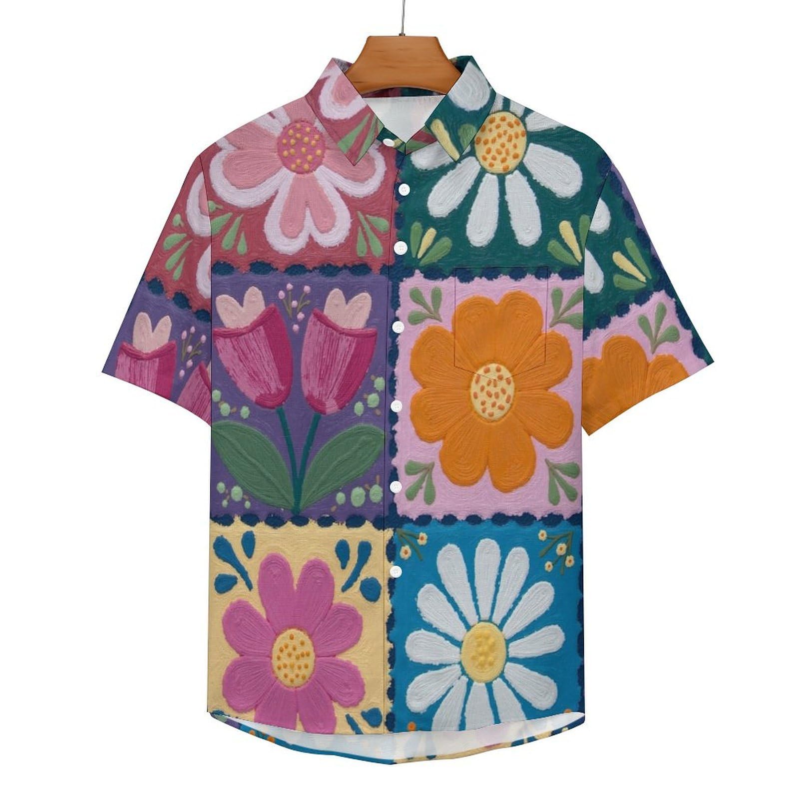 Camicia Casual da Uomo, Margherite Tulipani Stampa Maglietta Estiva a Maniche Corte Stile Patchwork Dipinto A Mano Casual Button Down Hawaiani Camicie Risvolto Spiaggia Top