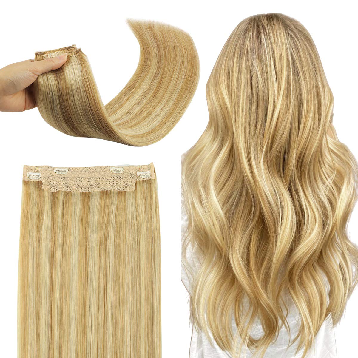 WennalifeWire Hair Extensions (Increase 50% Lifespan) Real Human Hair 12 inch 70g Light Blonde Highlighted Golden Blonde Remy Hair Extensions Invisible Transparent Wire Fish Line Hair Extensions