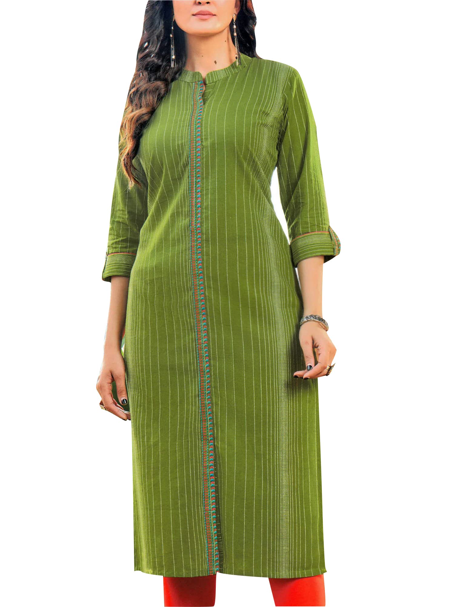 ladylineCool Handloom Embroidery Cotton Kurti Tunic for Womens with Front Cut Rollup Sleeves (CEK MIPRI920)