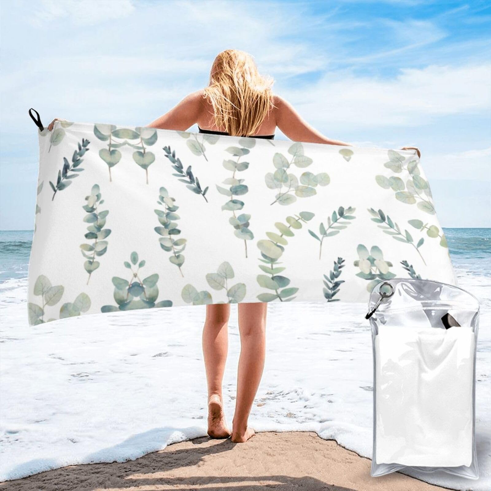 SDEGTHO Eucalyptus Leaves Print Beach Towel Quick Dry Portable For Swimming Yoga Adults Fitness