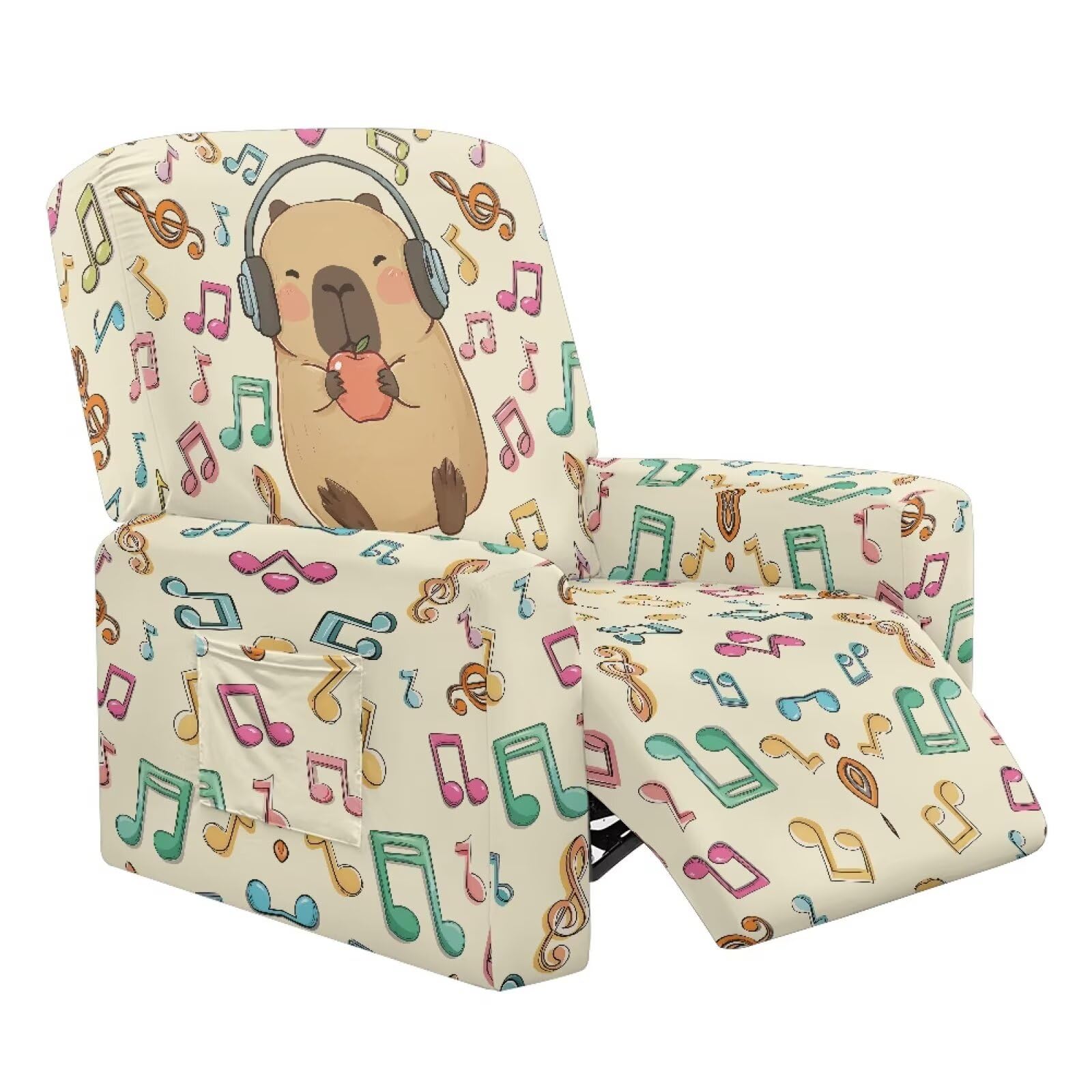 Wiryuouvt Capybarra Music Stretch Recliner Slipcovers Printed 4-Piece Lazy Boy Chair Covers 1 Cushion Reclining Sofa Cover Furniture Protector Sofa Couch Cover with Side Storage Pocket Prevent Stain