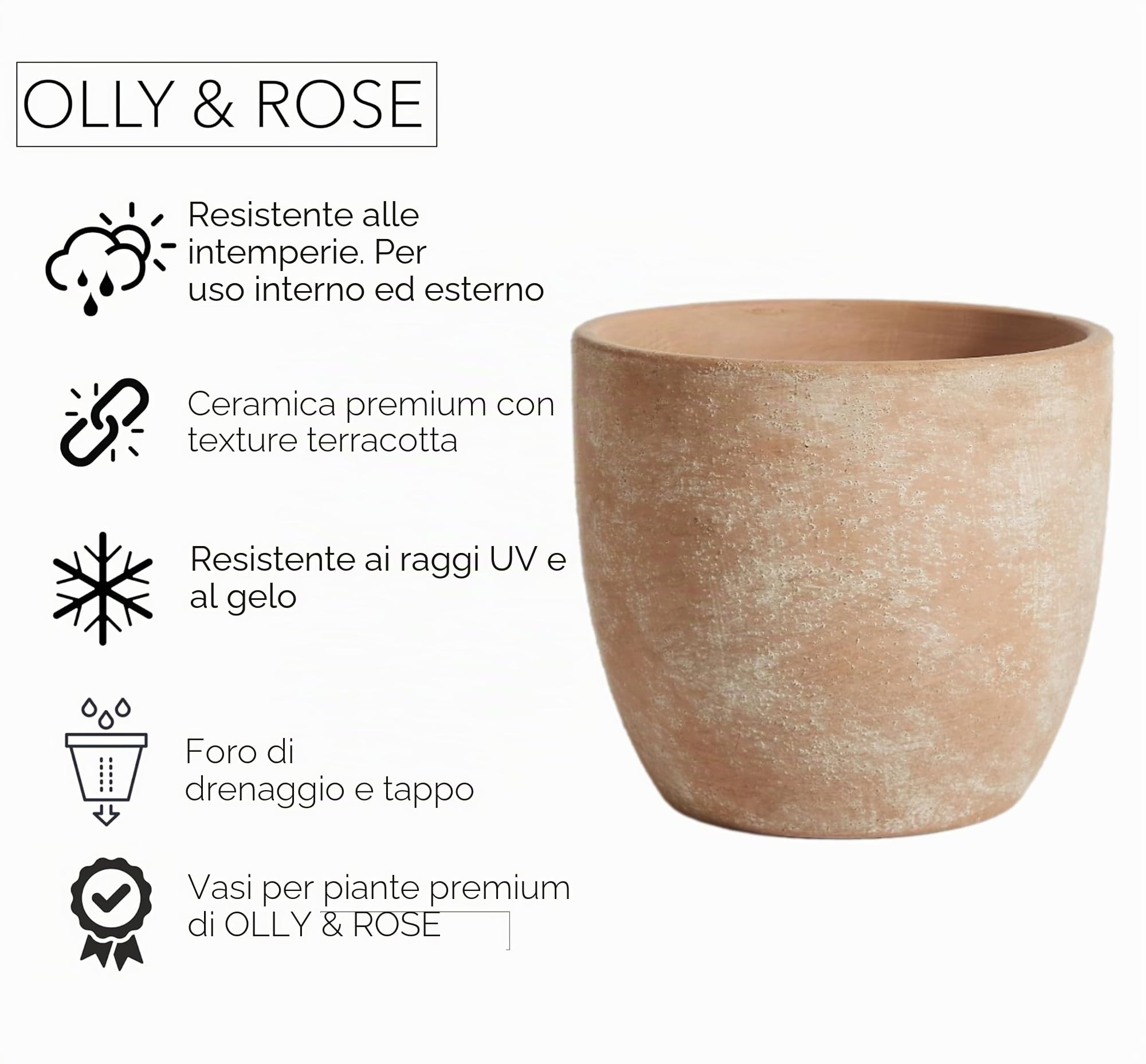 Olly & Rose Madrid - Vaso per piante in ceramica, 25 cm, color terracotta lavata, grande vaso per piante da esterno e interno, in terracotta, vaso da fiori