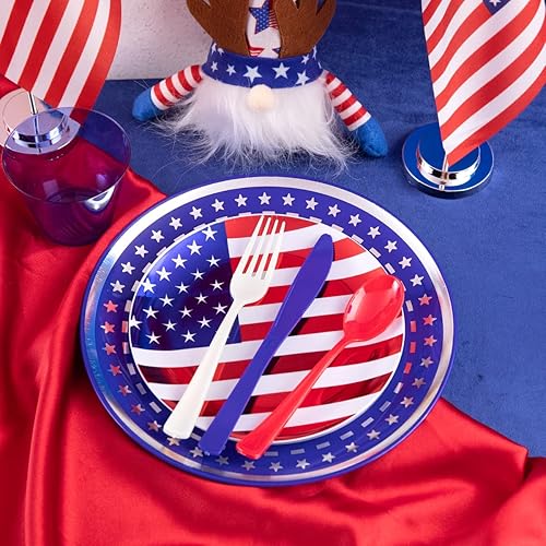 Miniatura 3 de PULOTE 150 platos del 4 de julio y cubiertos de plástico azul, blanco, rojo y vasos azules transparentes, platos de plástico de bandera