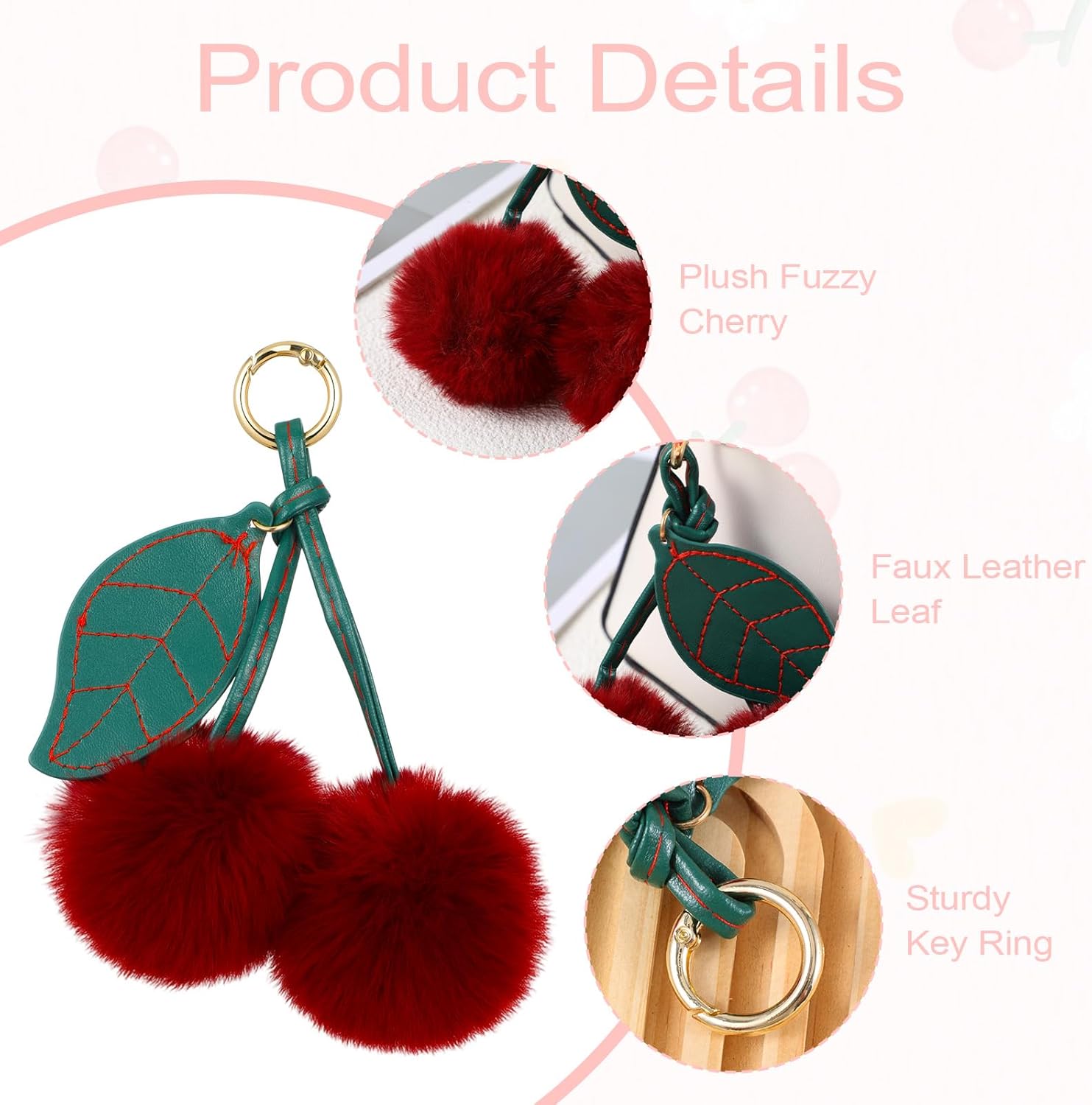 Cherry Pom Pom Keychain, Cute Cherry Bag Charms for Women, Fluffy Pompom Keychains Charm, Plush Pendant Accessories for Handbags Purse Backpack Car, Christmas Gifts - Image 4