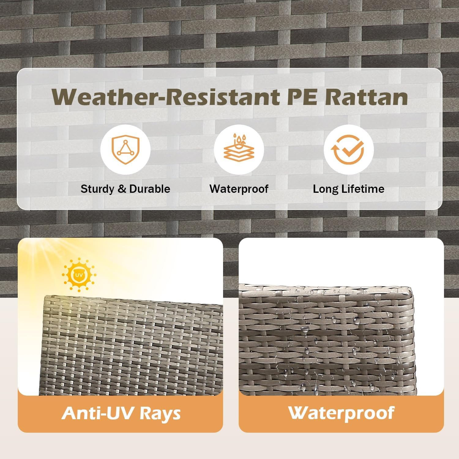 FDW 3 Piece Outdoor Furniture Set Patio Gray Wicker Chairs Furniture Bistro Conversation Set 2 Rattan Chairs with Blue Cushions and Glass Coffee Table for Porch Lawn Garden Balcony Backyard