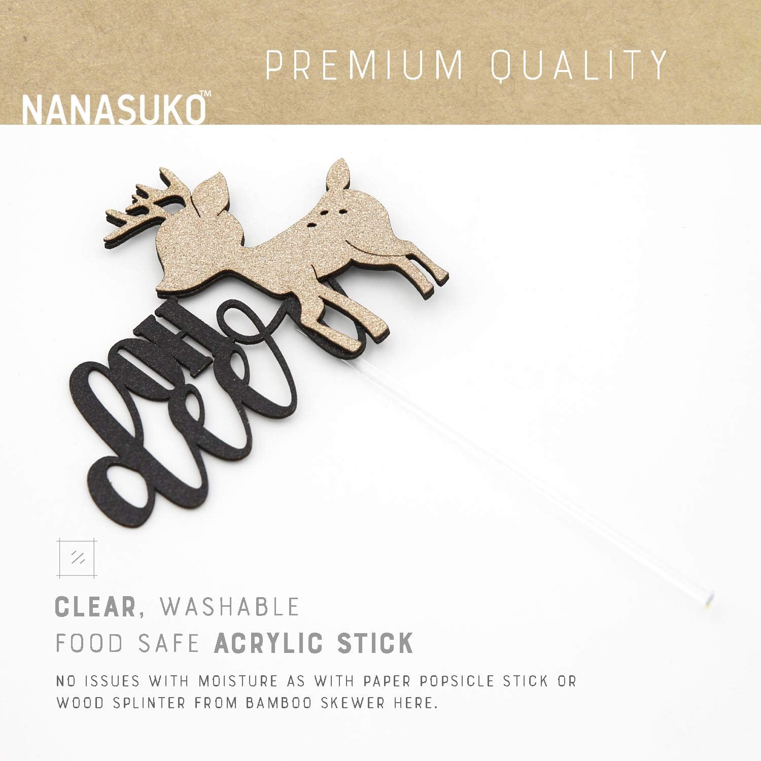 Baby Shower Cake Topper - oh deer - Double Sided Black Glitter with Champagne Buck - Premium Quality Made in USA