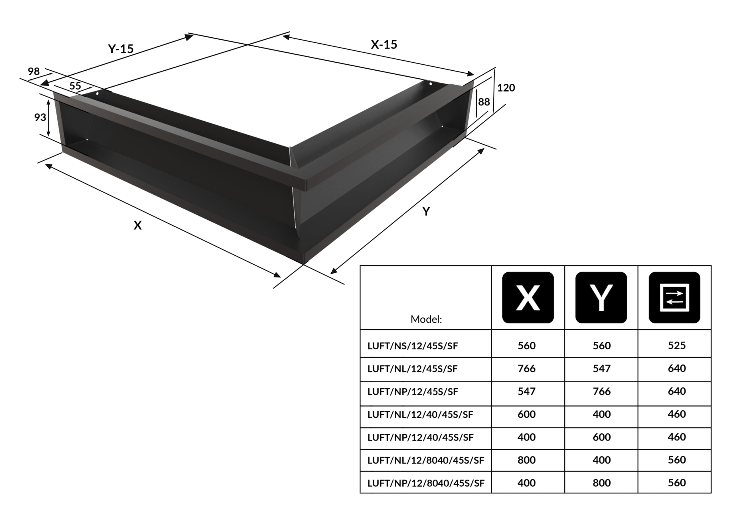 KRATKI griglia di ventilazione AIR LUFT 12x60x40 cm verniciato a polvere