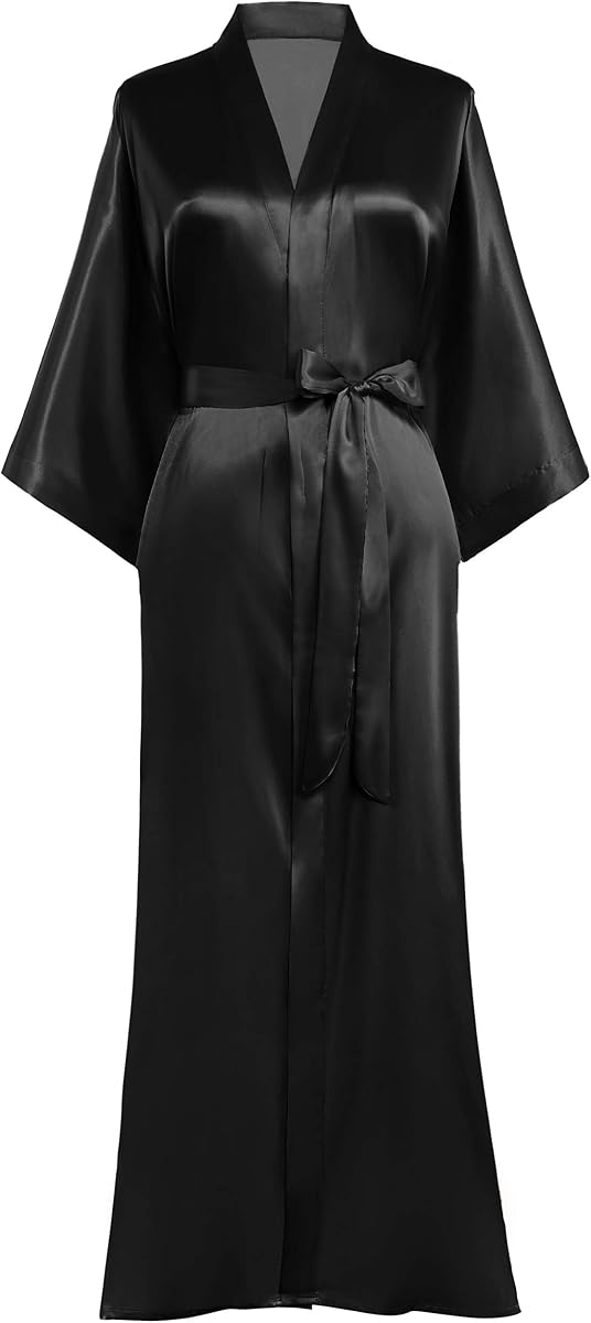 PRODESIGN Bata de kimono de satén para mujer, bata larga y sedosa para dama de honor de boda | Transpirable, ropa ligera, hasta el tobillo, dobladillo dividido, frente abierto, faja extraíble, ropa de spa, playa y fiesta nupcial.