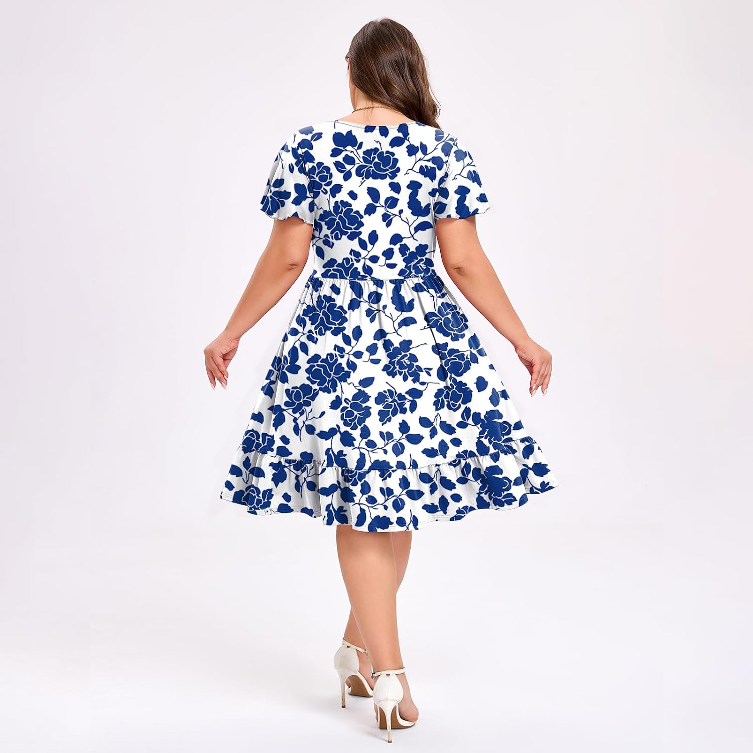 Women's Plus Size Casual Dress V Neck Ruffle Floral Short Sleeve Summer Midi Dresses with Pockets