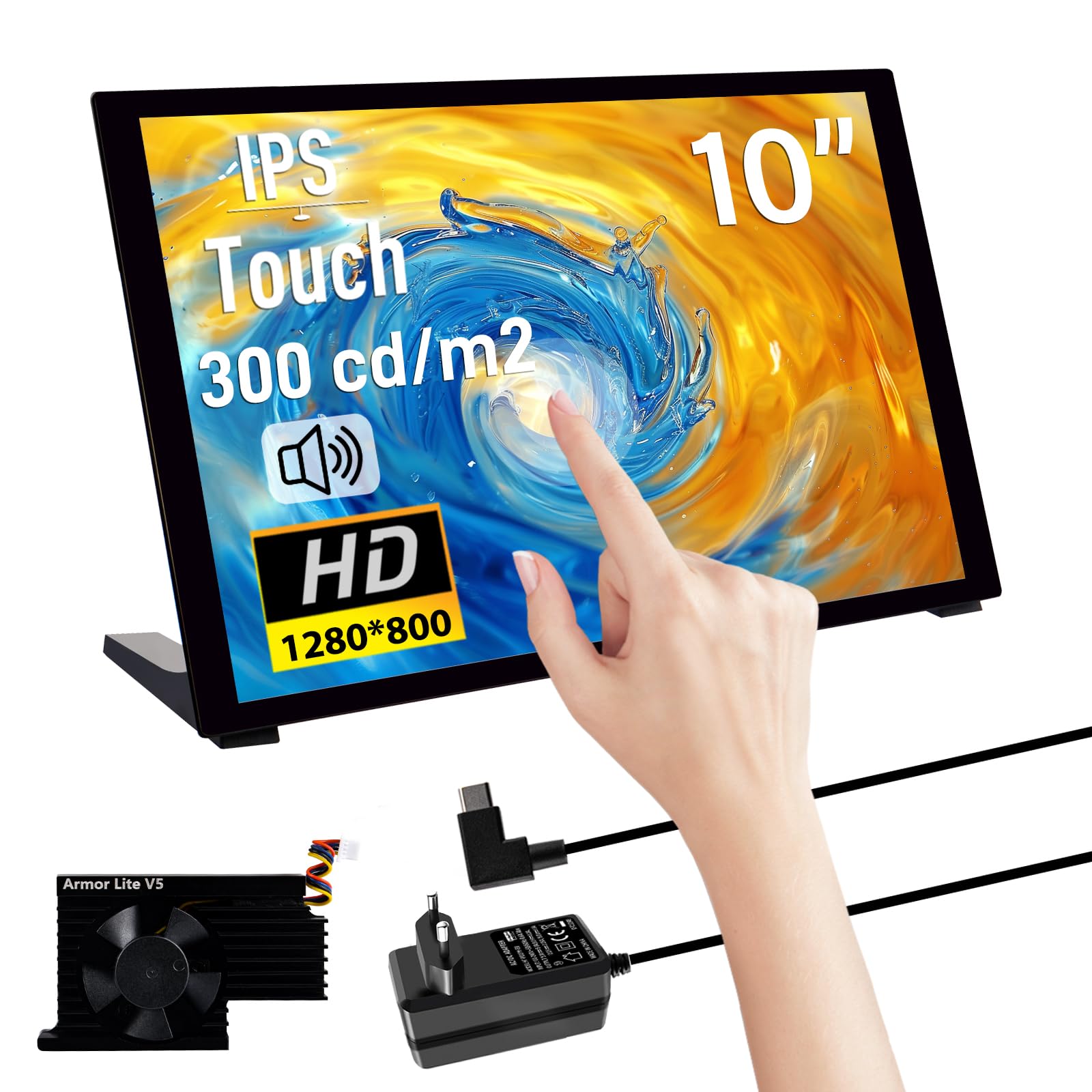 GeeekPi Touch screen capacitivo da 10,1 pollici per Raspberry Pi 5, monitor HDMI IPS 1280X800 con doppio altoparlante per Raspberry Pi 4B/3B+/3B, con fori di montaggio per installare la scheda Pi