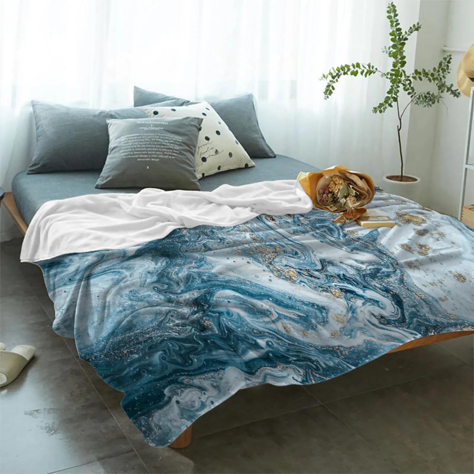 Genérico Coperte astratte in Marmo Blu e Oro Coperta Morbida Portatile per Letto Copriletto da Ufficio Coperta in Flanella 120x200 cm