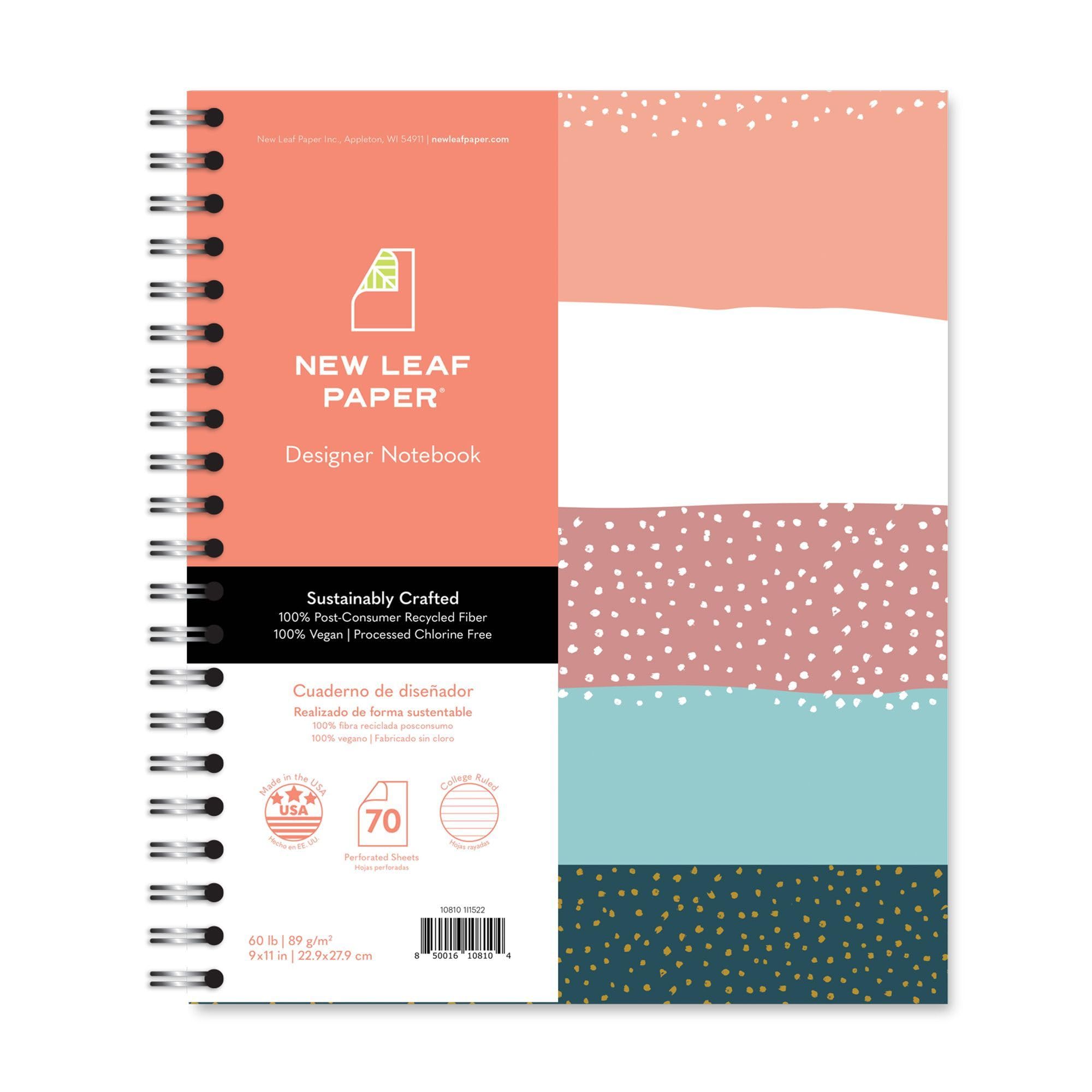 New Leaf Paper Lot de 12 grands cahiers à spirales Motif rayures et pois 27,9 x 22,9 cm 70 feuilles 100 % recyclées, pages lignées pour université, végétalien, fabriqué aux États-Unis