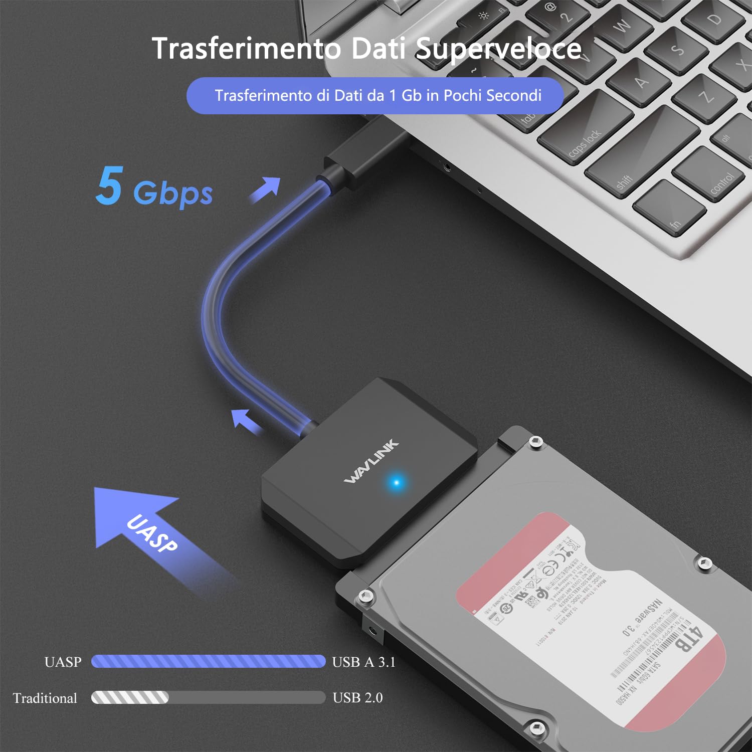 WAVLINK Cavo Adattatore da USB3.0 a SATA III per Disco Rigido, Convertitore da SATA a USB A 5Gbps, Connettore per Disco Rigido Esterno per HDD/SSD da 2,5"/3,5", Adattatore di Alimentazione Incluso