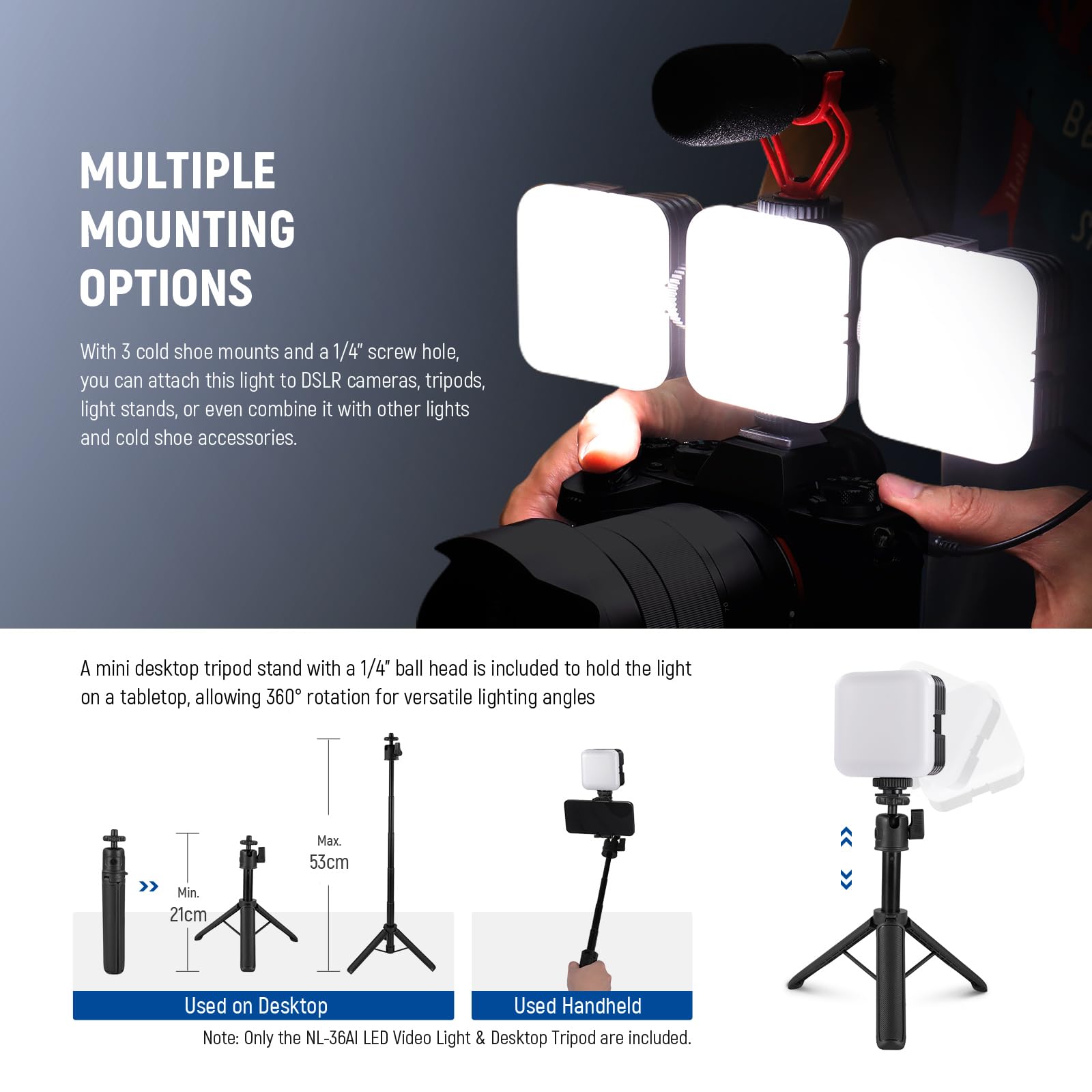 NEEWER Vdeo Luz LED Cámara con Trípode Escritorio, Pequeño Panel Luz Regulable Bicolor 3200K-5600K, CRI 97+, 8 Escenas, 2000mAh Batería Recargable para Grabación/Fotografía de Vlog, NL-36AI