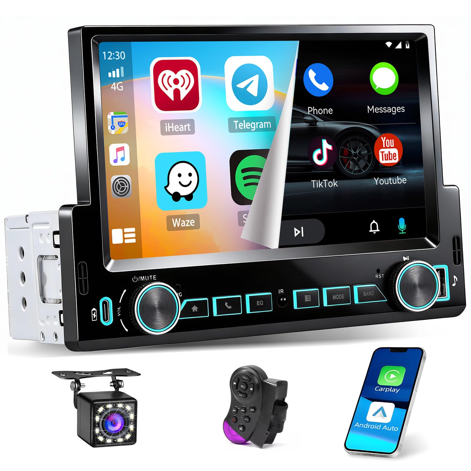 Hikity Radio Coche Bluetooth 1 DIN con Carplay Android Auto inalámbrico, Radio 1 DIN con Pantalla Táctil de 7 Pulgadas, Lien Miroir, Radio FM, Tipo-C + USB, SWC, EQ, Cámara Trasera