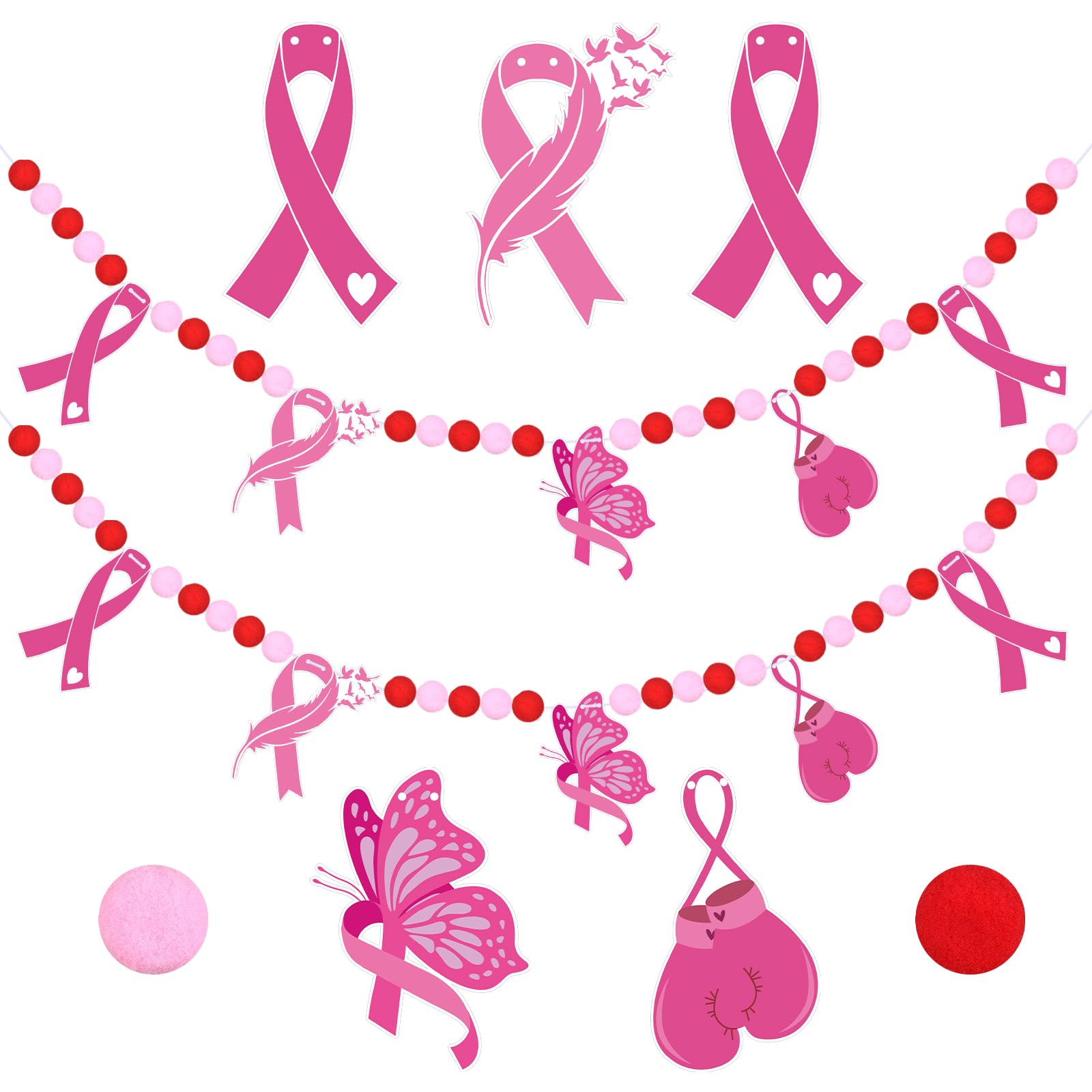 YXSJAS 2 Pcs Breast Cancer Awareness Banner Pink Ribbon Felt Banner Hope Love Heart Butterfly Banner Garland Decor for Women Breas-t Cancer Survivor Party Cance-r Free Party Wall Decorations