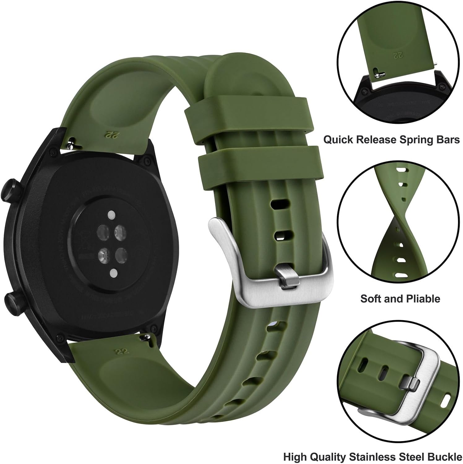 ANBEER Silicone Watch Band 18mm 20mm 22mm 19mm 21mm, Quick Release Rubber Replacement Strap for Men Women - Extra Long image 3