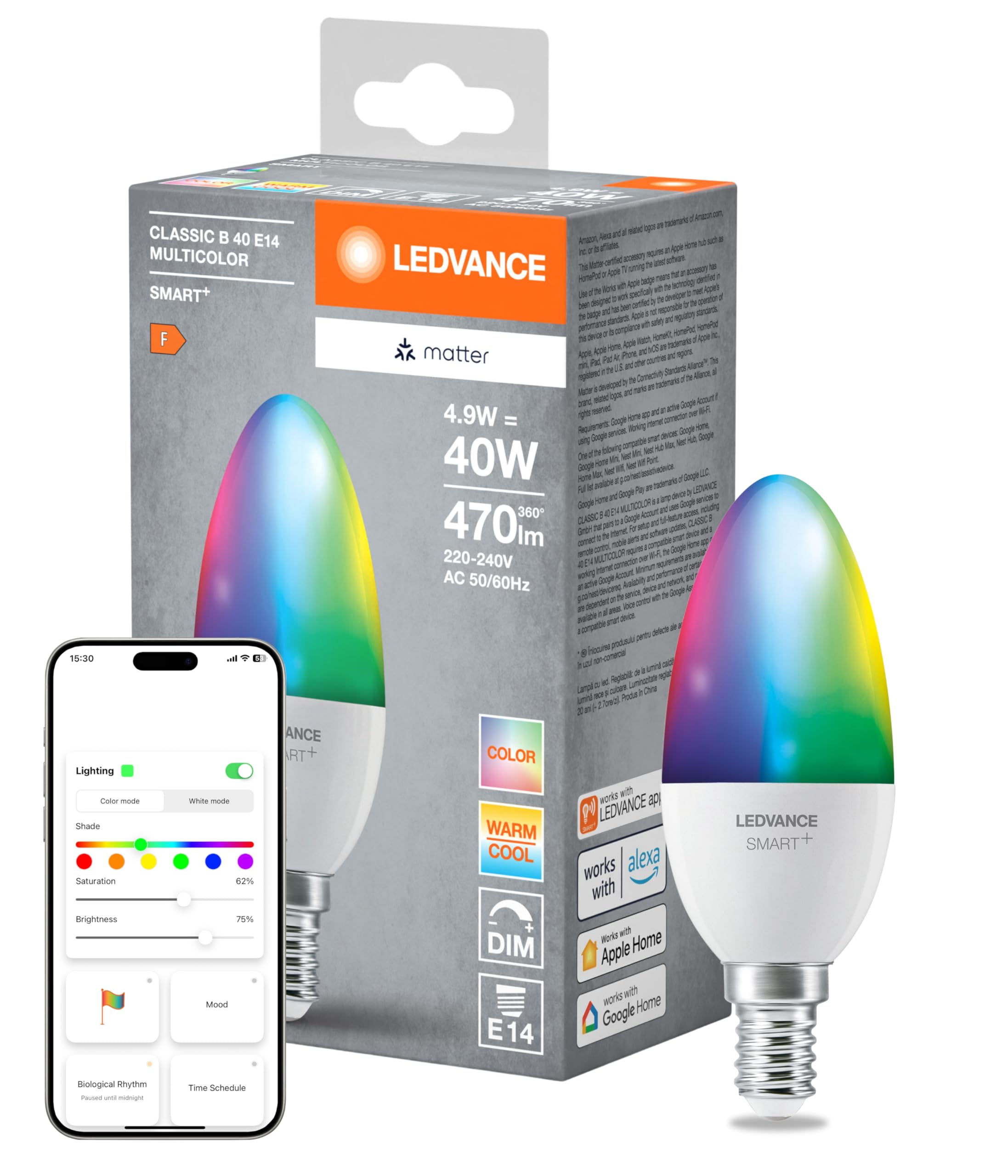 LEDVANCE Lampada LED SMART+ MATTER, smerigliata, 4,9W, 470lm, forma a candela E14, luce colorata e luce bianca, compatibile con Google, Alexa, Apple, app o controllo vocale, durata fino a 20.000 ore