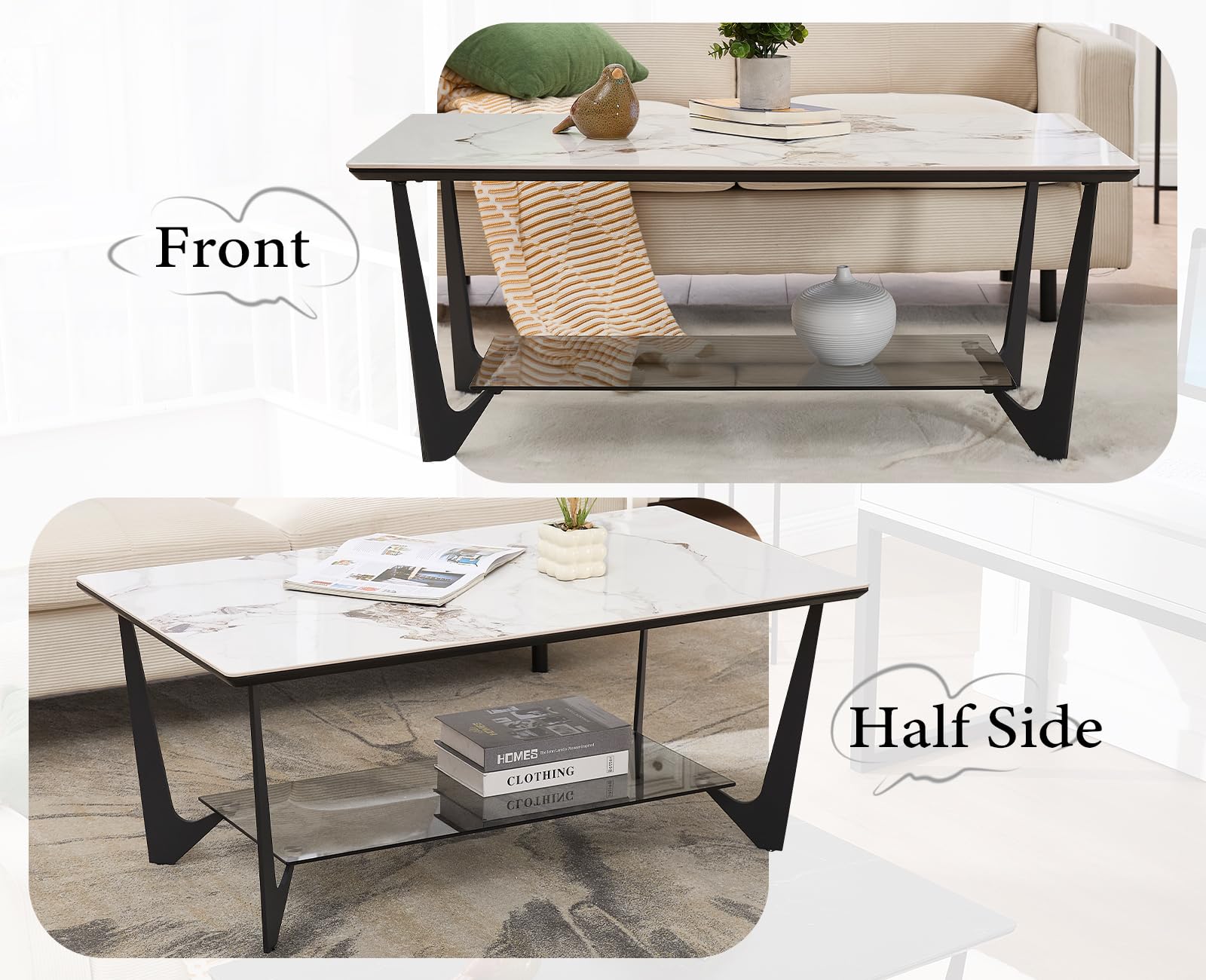 chairus Mesa de Salón Moderna Mesa de Centro Rectangular,Tablero con Estantes Almacenaje Mesita de Mármol para Hogar/Oficina,Blanco
