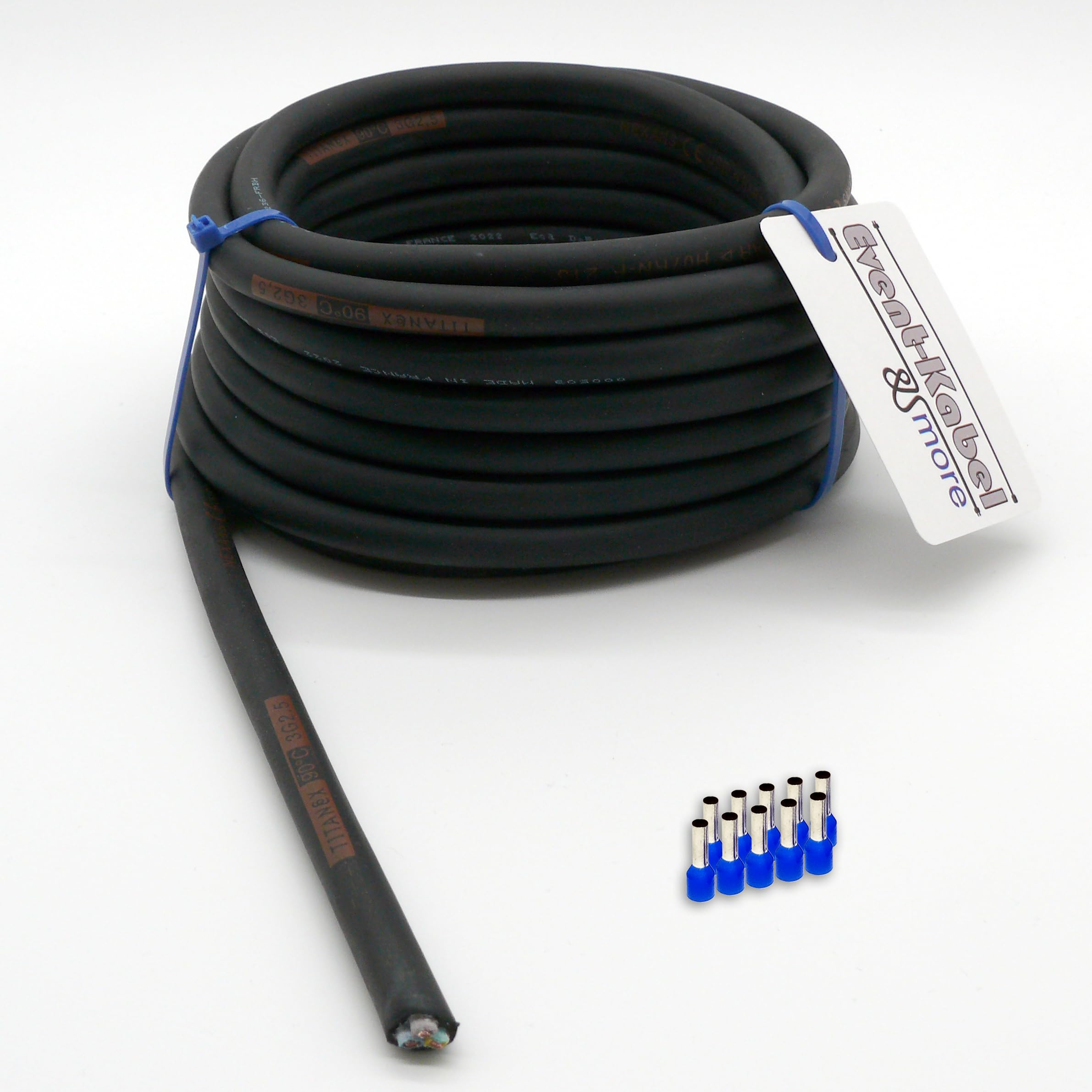 Event-Kabel & more TITANEX H07RN-F 3x2,5 mm² (3G2,5) Gummikabel, Baustellenkabel, Campingkabel für den Außenbereich 5-100m inkl. 10 Aderendhülsen (25 Meter)