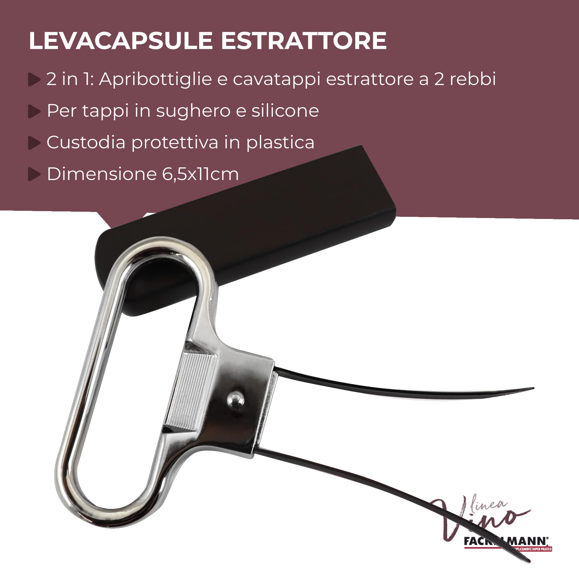 Fackelmann Cavatappi Estrattore di Sughero Professionale, Apribottiglie a due punte, materiale resistente in lega di zinco e ABS, dimensioni 11 x 5 cm