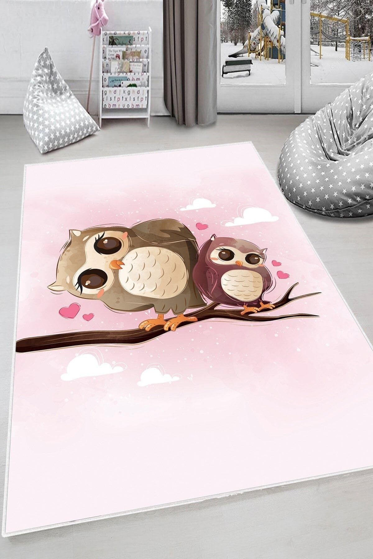 Pelangi Pembe Kuş Desenli Yıkanabilir Kaymaz Taban Leke Tutmazbebek Ve Çocuk Odası Halısı, Pembe-Kahve 80 x 600