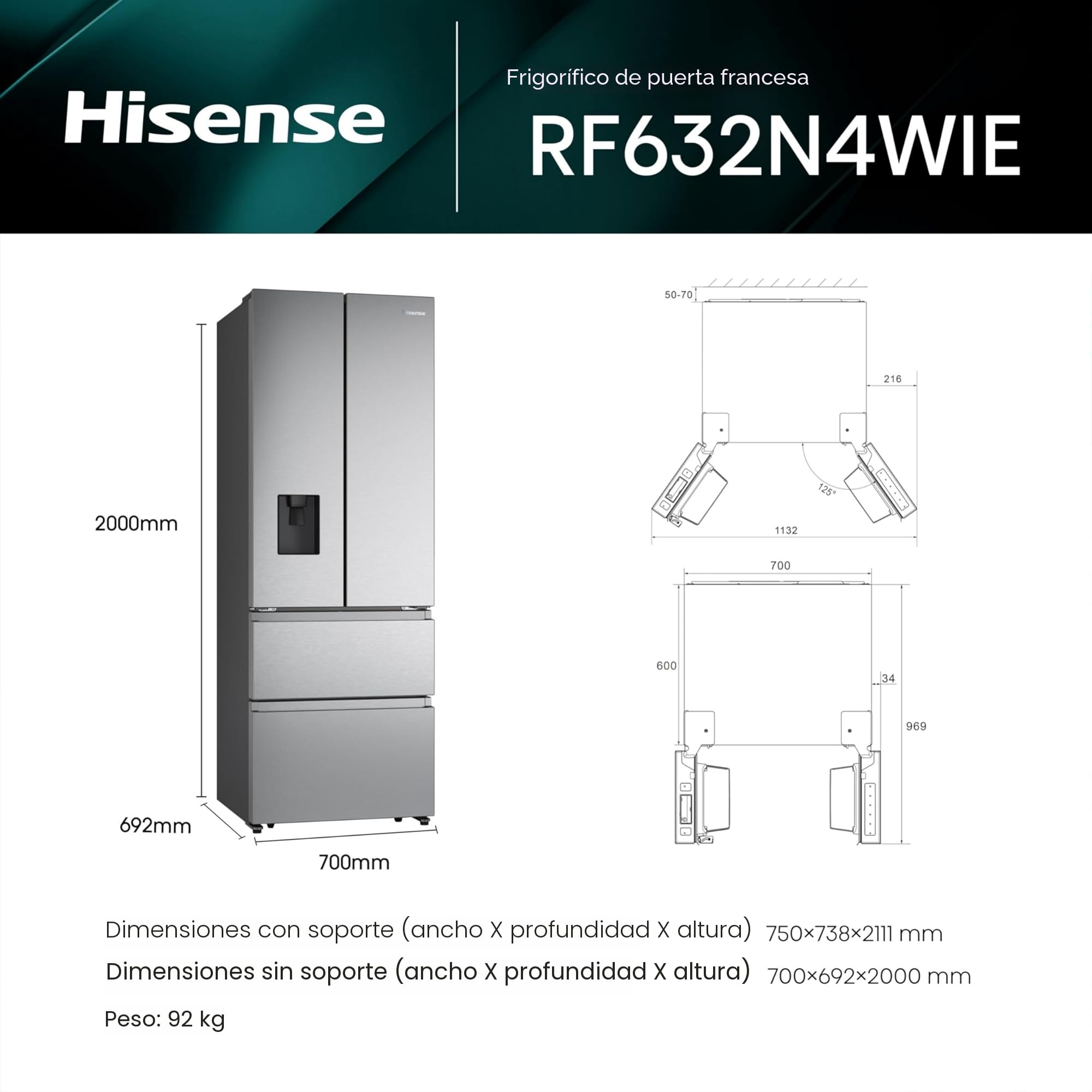 Hisense RF632N4WIE - Frigorífico Combi No Frost Inox Puerta Francesa, Con dispensador, No Frost, 2 Metros,Cajón, 337Litros, Sistema de flujo de aire, Acabado Inox, 485 litros