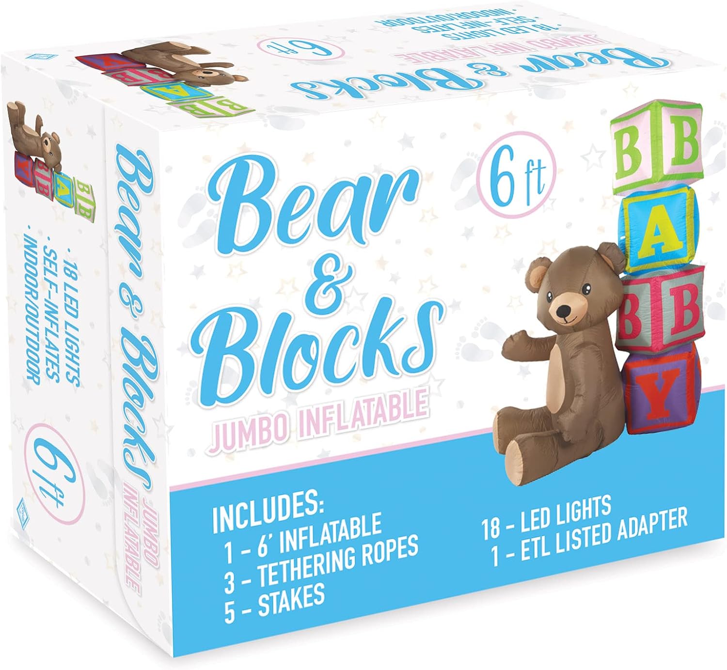 Beistle 6 FT Light-Up Jumbo Inflatable Bear & Blocks Baby Shower Decoration for Yard with LED Lights Blow Up Lawn Decor, Indoor/Outdoor Use