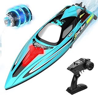 DEERC Barco a control remoto sin escobillas para adultos, 34 MPH extra largo de 19 pulgadas de alta velocidad con batería 3S (11.1 V), luces LED, auto-derecho, barco de carreras de 2.4 GHz para lago