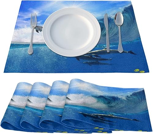 Miniatura 2 de Juego de 4 manteles individuales con diseño de animal delfín, lavables, impermeables, para fiestas, hogar, comedor, decoración de mesa de 18 x 12