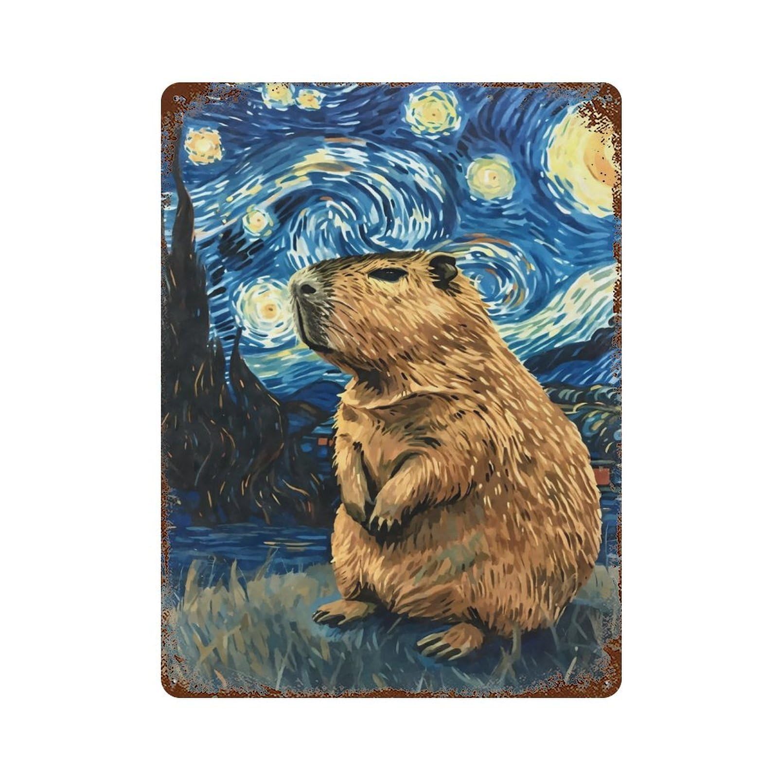 Aged Metal Wall Plaque with Capybara Starry Night Design 15.7"x11.8", for Basement, Hobby Room And Garage Decor, Farmhouse Wall Decor