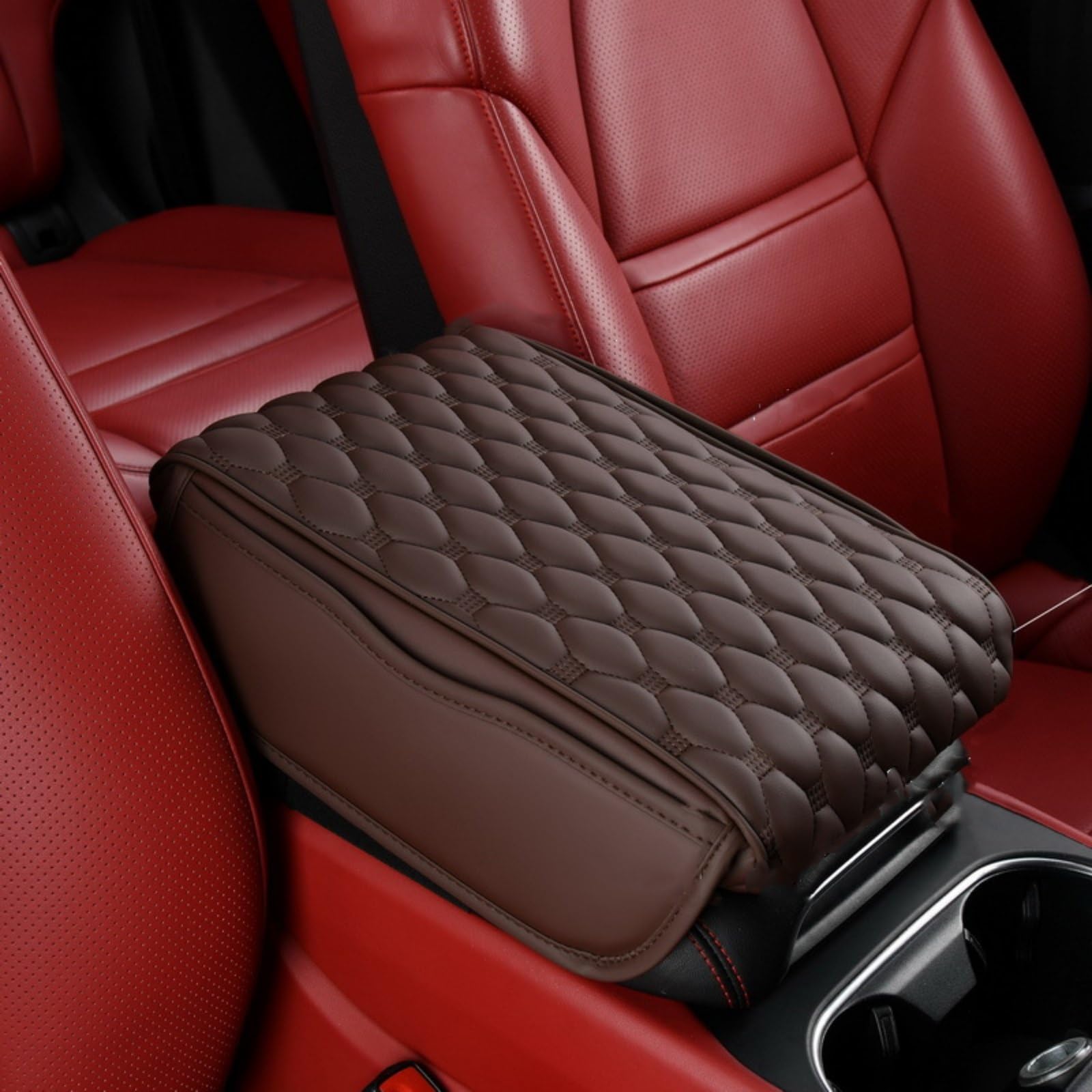 Brown Leather Center Console Pad Car Armrest Cushion with Side Pocket- Car Arm Rest Covering Vehicle Memory Foam Armrest Box Cover for Car SUV Truck, Doudou Style, (L)