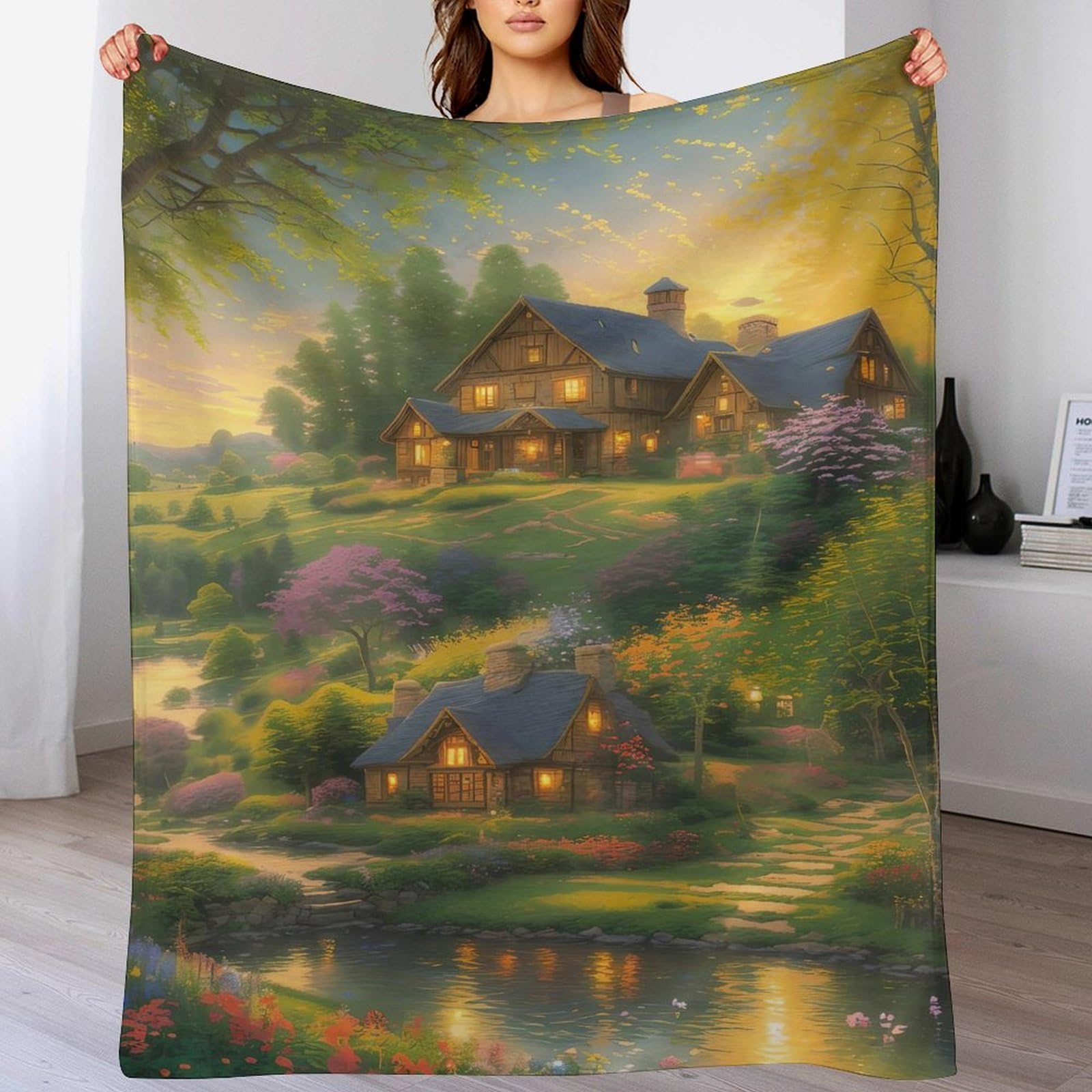 Couverture en flanelle 150x200cm avec paysage plaid de canapé chaud et doux pour lit