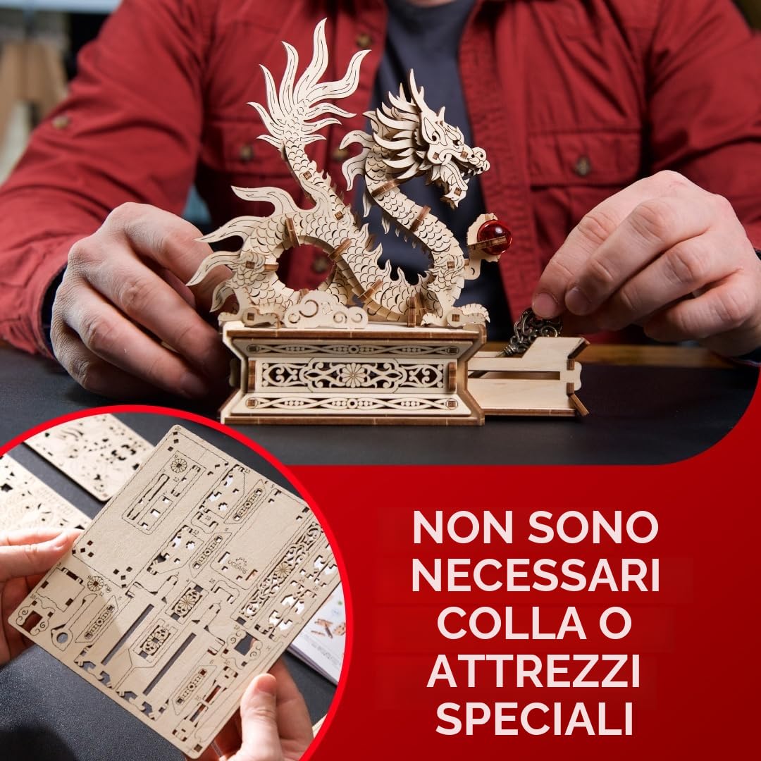 UGEARS Puzzle 3D Drago di Legno - Kit di Costruzione per Adulti - Puzzle Drago Cinese 3D in Legno per Uomini